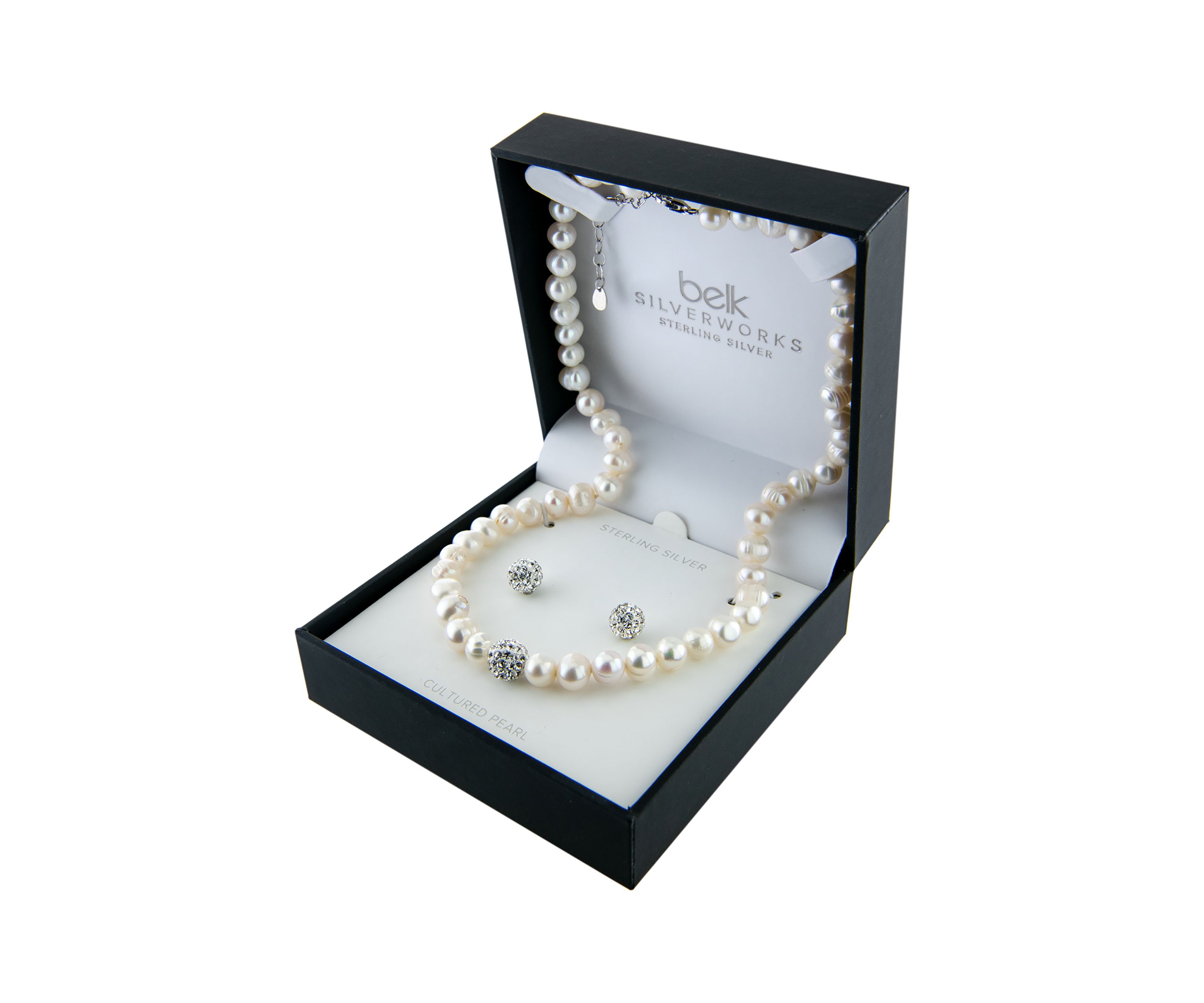 Boxed Sterling Silver 16" + 2" Freshwater Pearl with Crystals Necklace and Stud Earrings Set