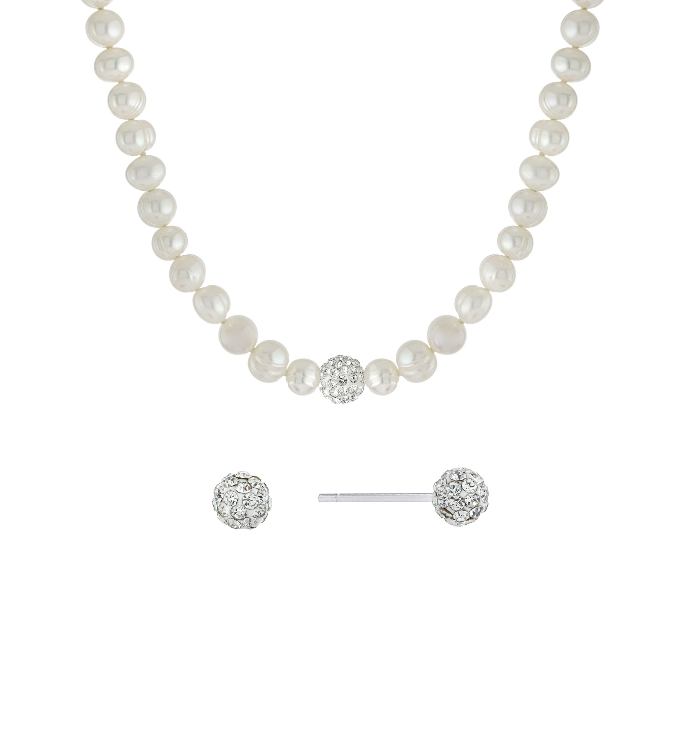 Boxed Sterling Silver 16" + 2" Freshwater Pearl with Crystals Necklace and Stud Earrings Set