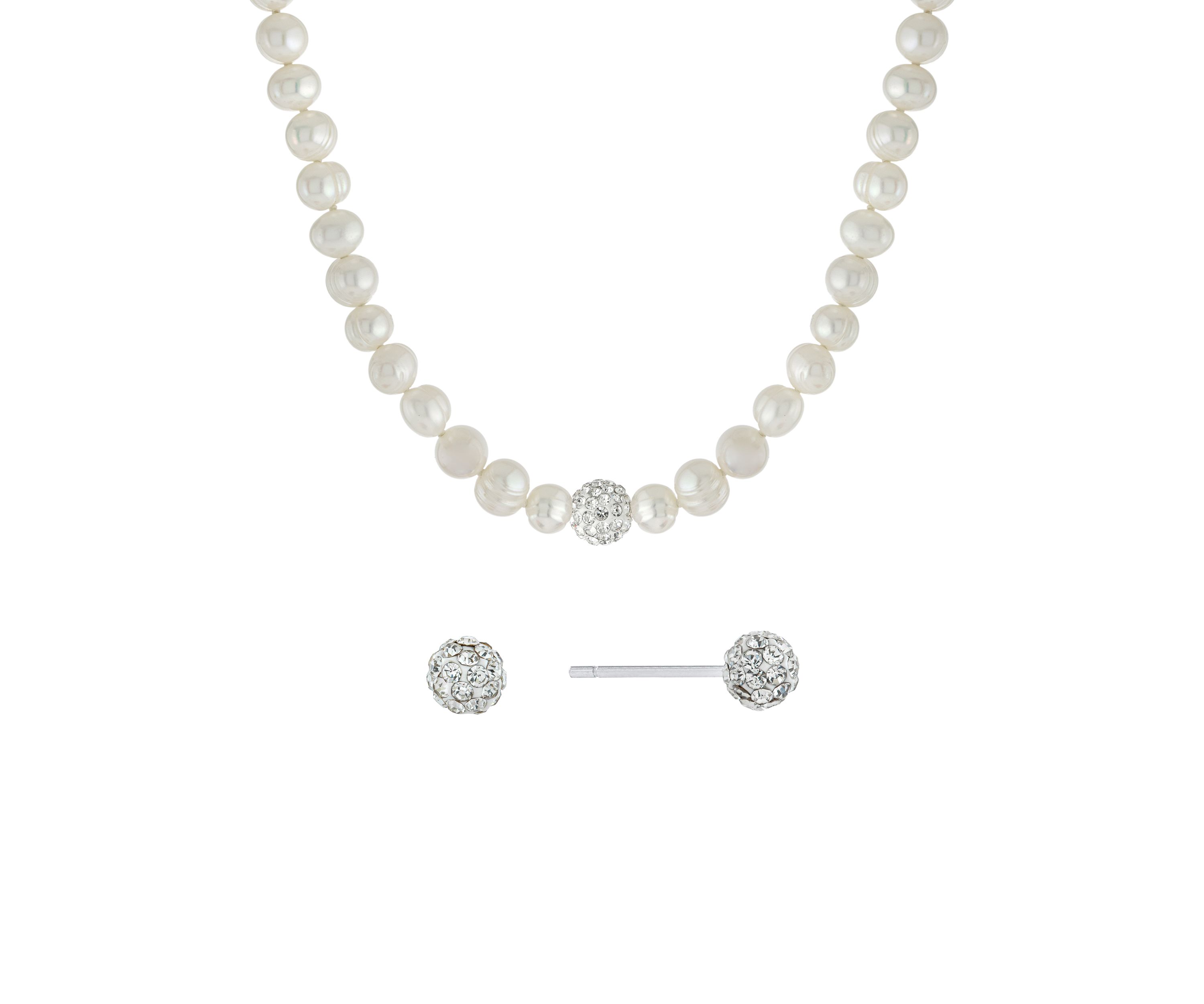 Boxed Sterling Silver 16" + 2" Freshwater Pearl with Crystals Necklace and Stud Earrings Set