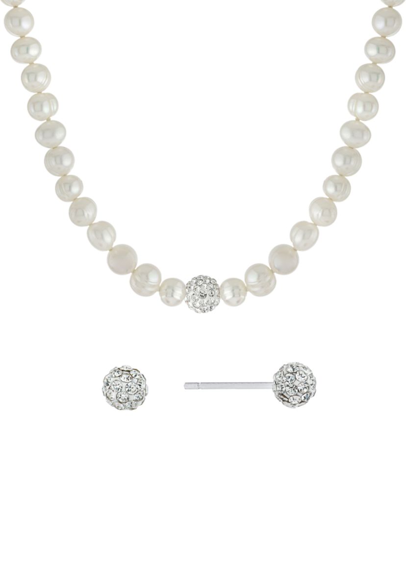 Boxed Sterling Silver 16" + 2" Freshwater Pearl with Crystals Necklace and Stud Earrings Set