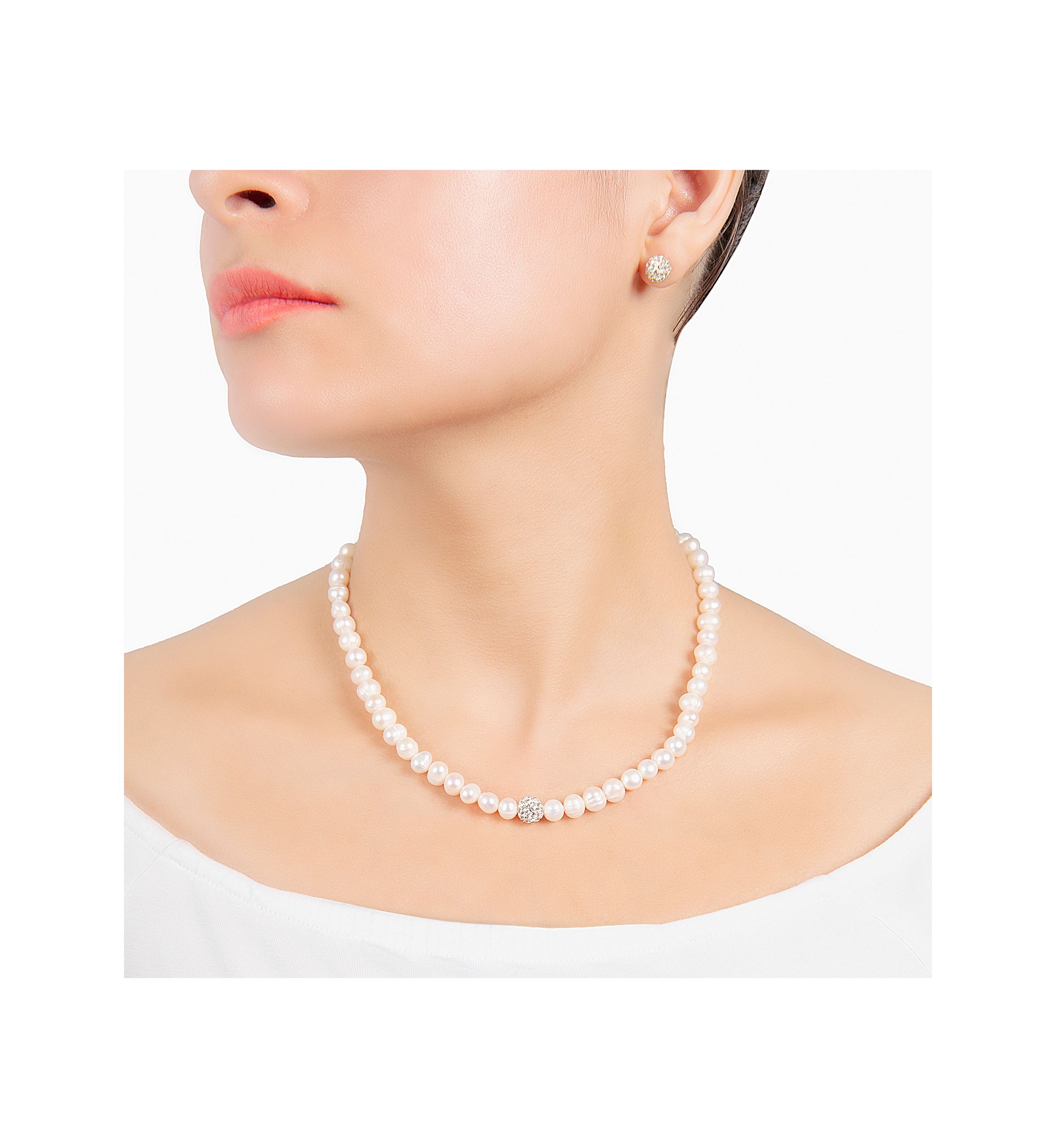Boxed Sterling Silver 16" + 2" Freshwater Pearl with Crystals Necklace and Stud Earrings Set