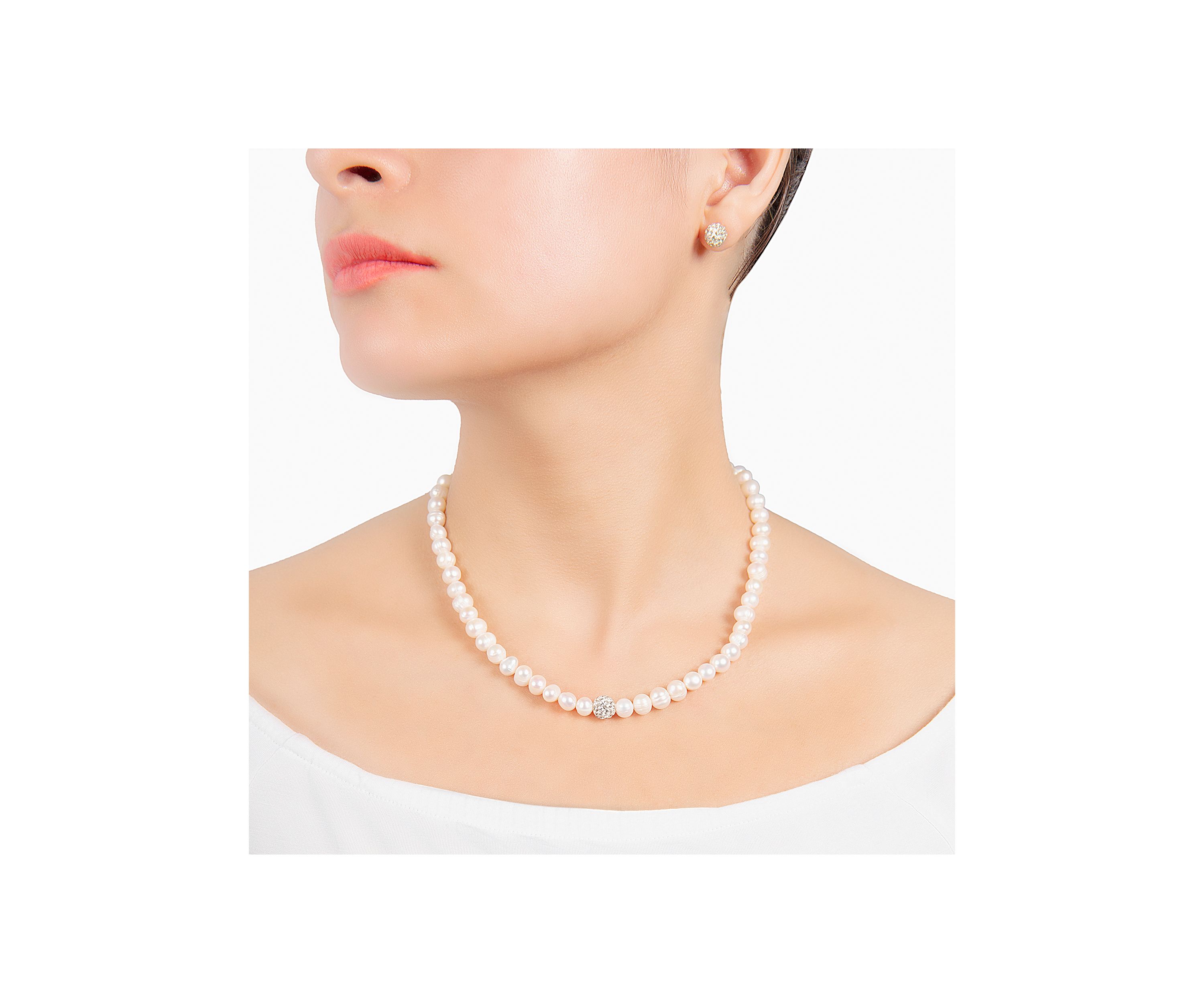 Boxed Sterling Silver 16" + 2" Freshwater Pearl with Crystals Necklace and Stud Earrings Set