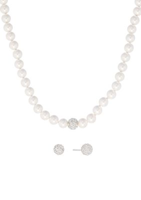 Belk Sterling Silver Sterling Silver 7mm Simulated Pearl and Crystal Fireball Necklace and Stud Earring Set, 16 in