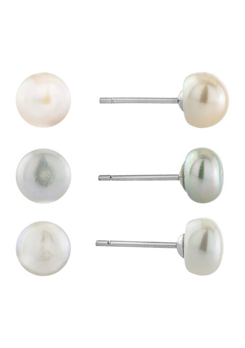 Boxed Sterling Silver 7-7.5 Millimeter Tri-Color Pearl Stud Earring Set
