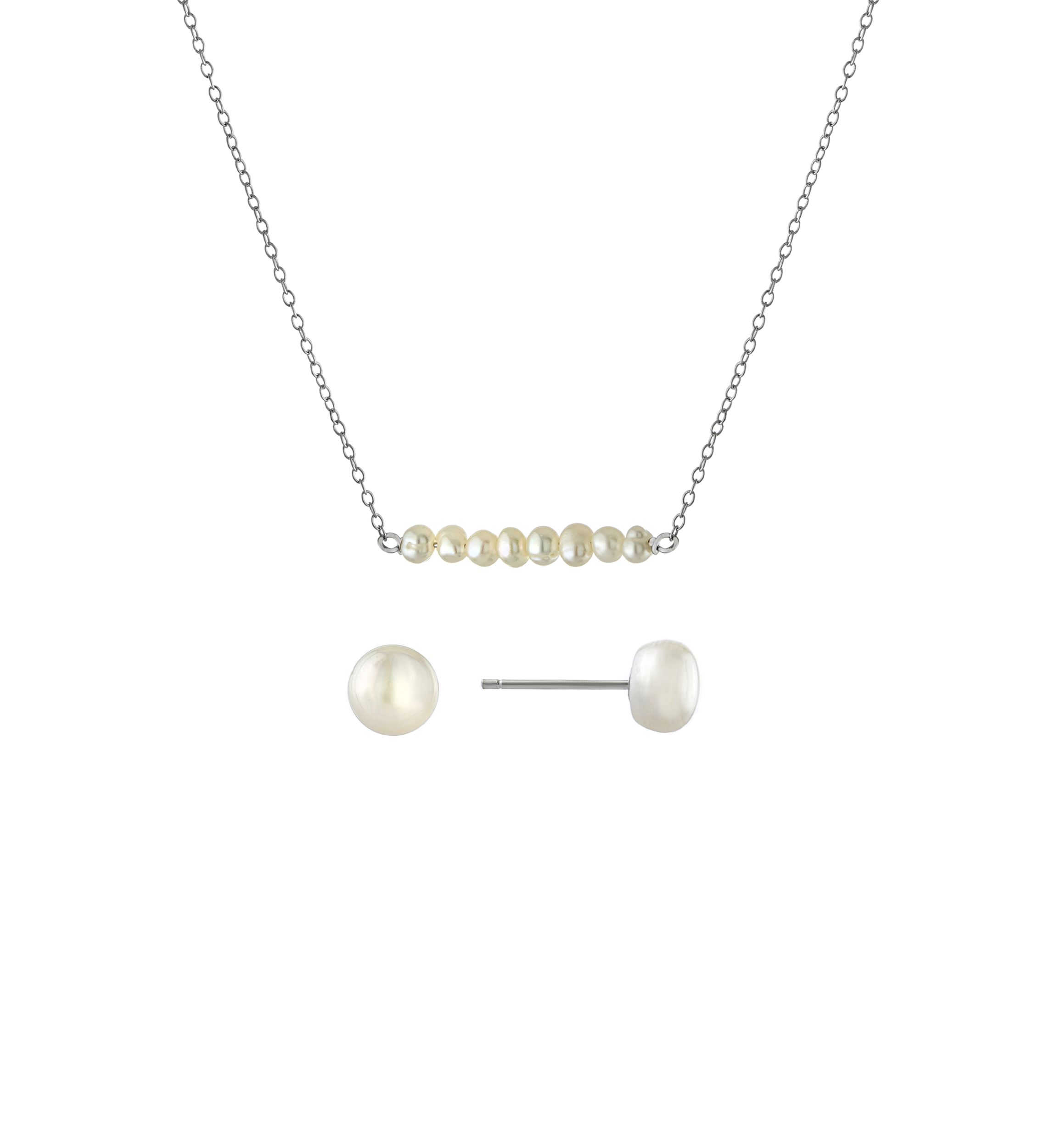 Boxed Sterling Silver 16" + 2"  Fresh Water Pearl Bar Necklace and 7.5-8 Millimeter Stud Earring Set