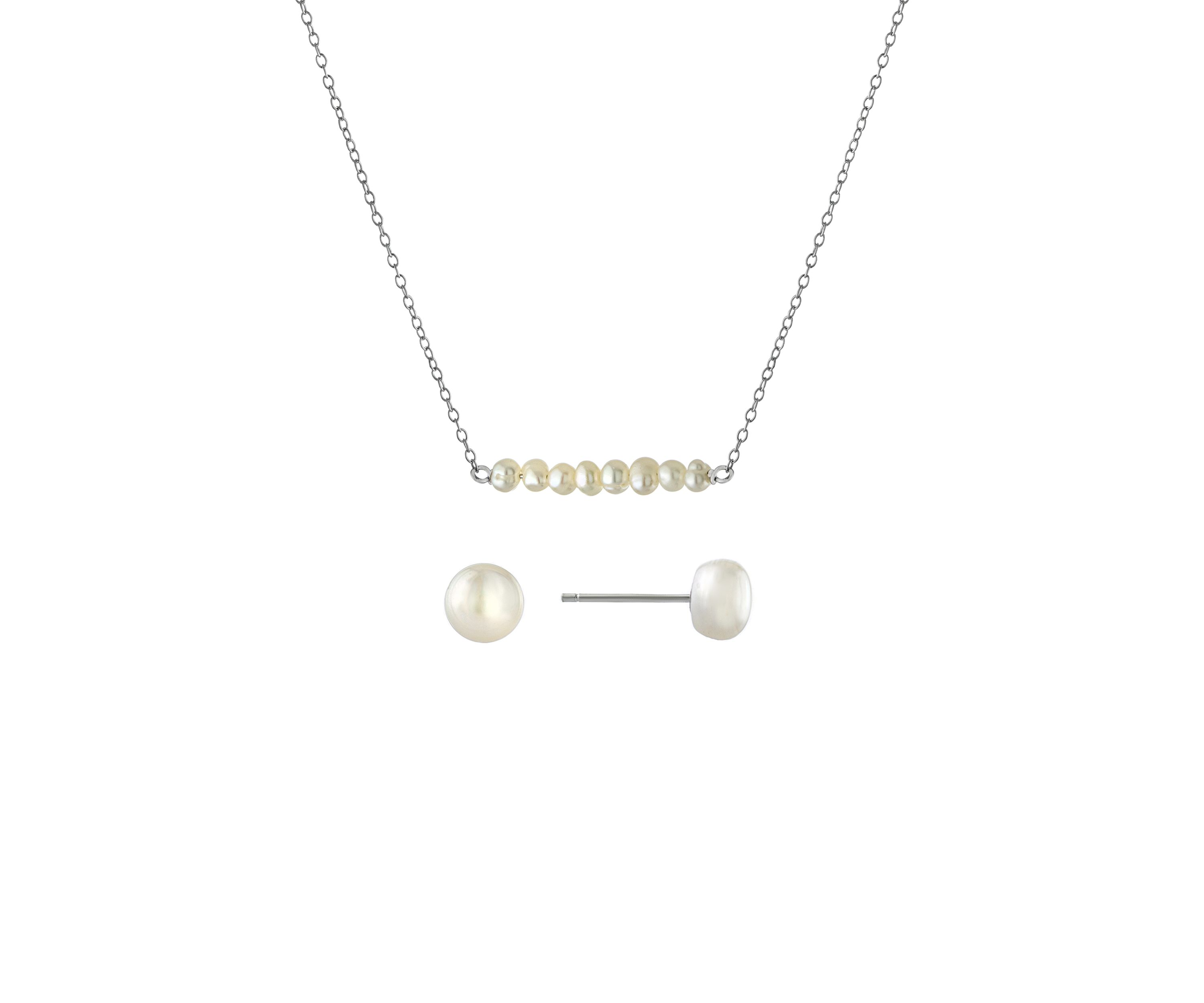 Boxed Sterling Silver 16" + 2"  Fresh Water Pearl Bar Necklace and 7.5-8 Millimeter Stud Earring Set