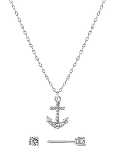 Sterling Silver 16+2 Inch Cubic Zirconia Anchor Necklace and Stud Earring Set