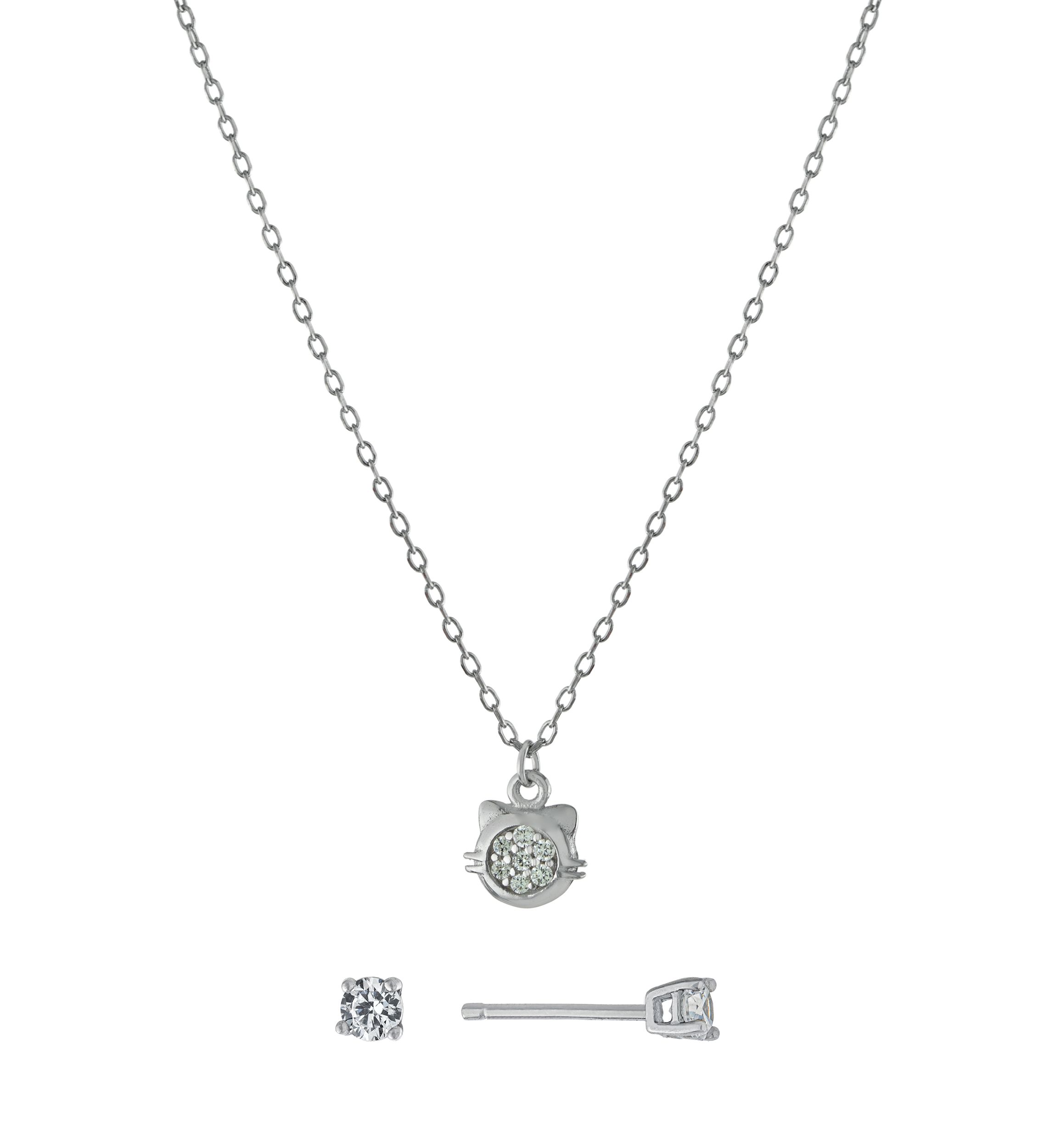 Sterling Silver Cubic Zirconia Cat Necklace and Stud Earring Set