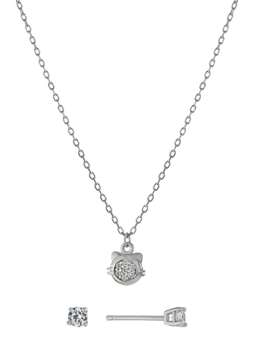 Sterling Silver Cubic Zirconia Cat Necklace and Stud Earring Set