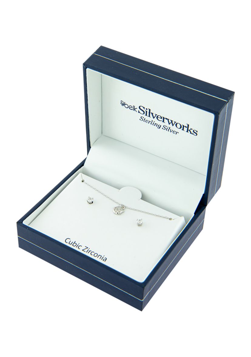Sterling Silver Cubic Zirconia Cat Necklace and Stud Earring Set