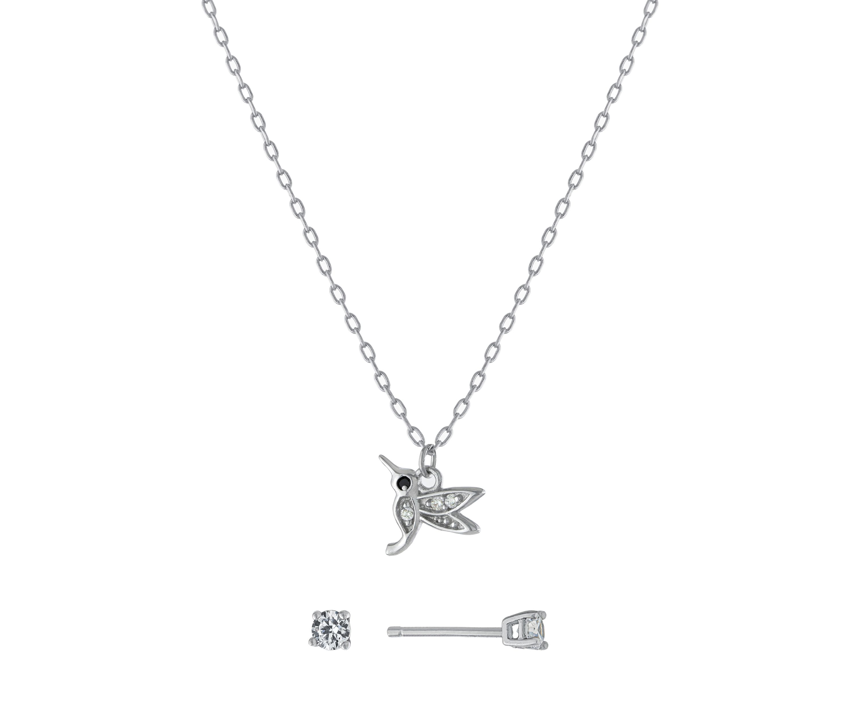 Sterling Silver Cubic Zirconia Hummingbird Necklace and Stud Earring Set
