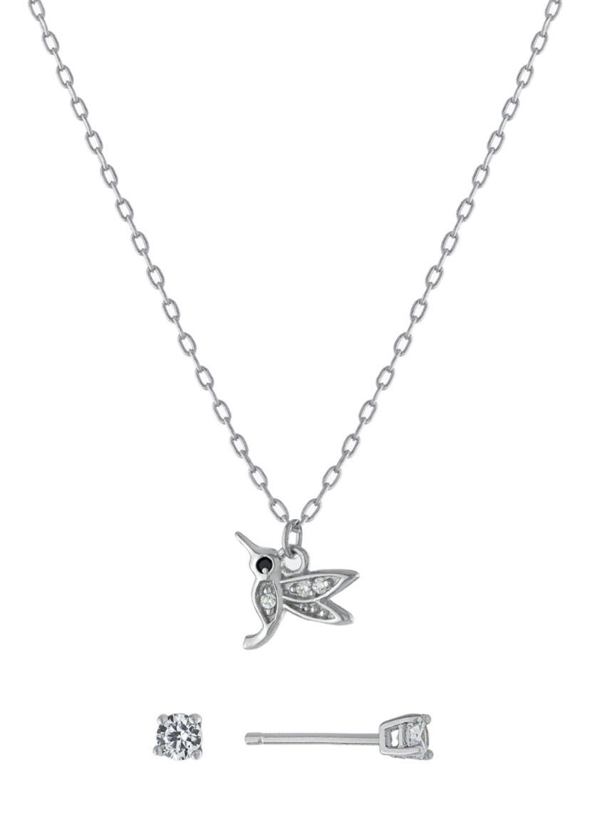 Sterling Silver Cubic Zirconia Hummingbird Necklace and Stud Earring Set