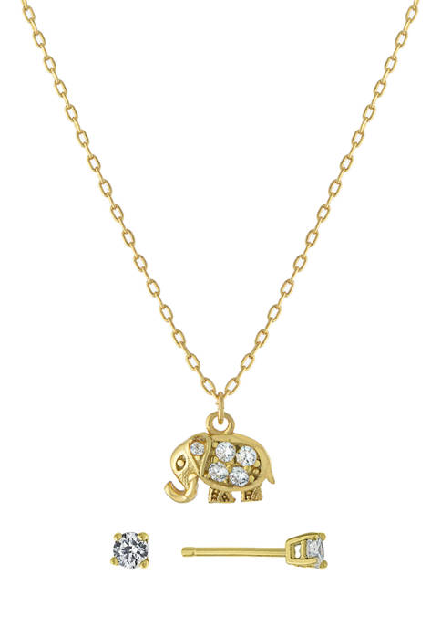 Gold Over Sterling Silver 16+2 Inch Cubic Zirconia Elephant Necklace and Stud Earring Set