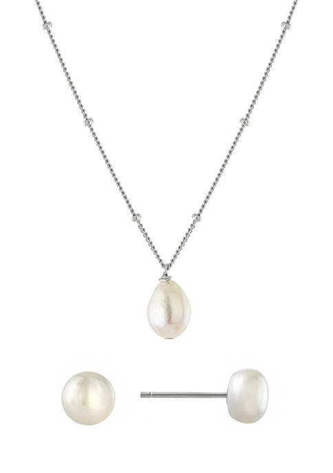 Boxed Sterling Silver 16" + 2" Freshwater Pearl Rice Necklace and 7.5-8 Millimeter Stud Earring Set