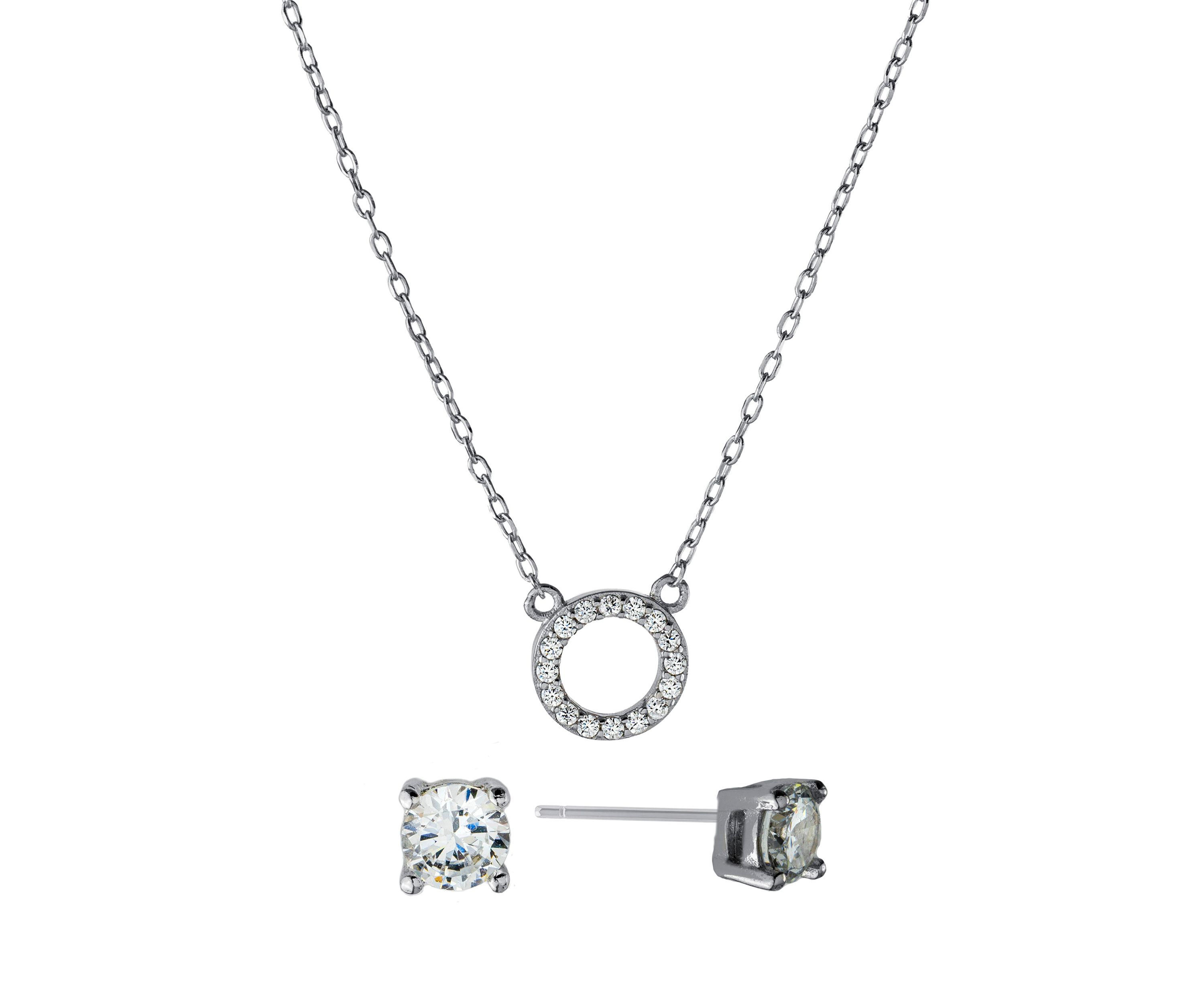 Boxed Sterling Silver 16 + 2 Inch CZ Open Circle Necklace and 4 Millimeter Stud Earring Set