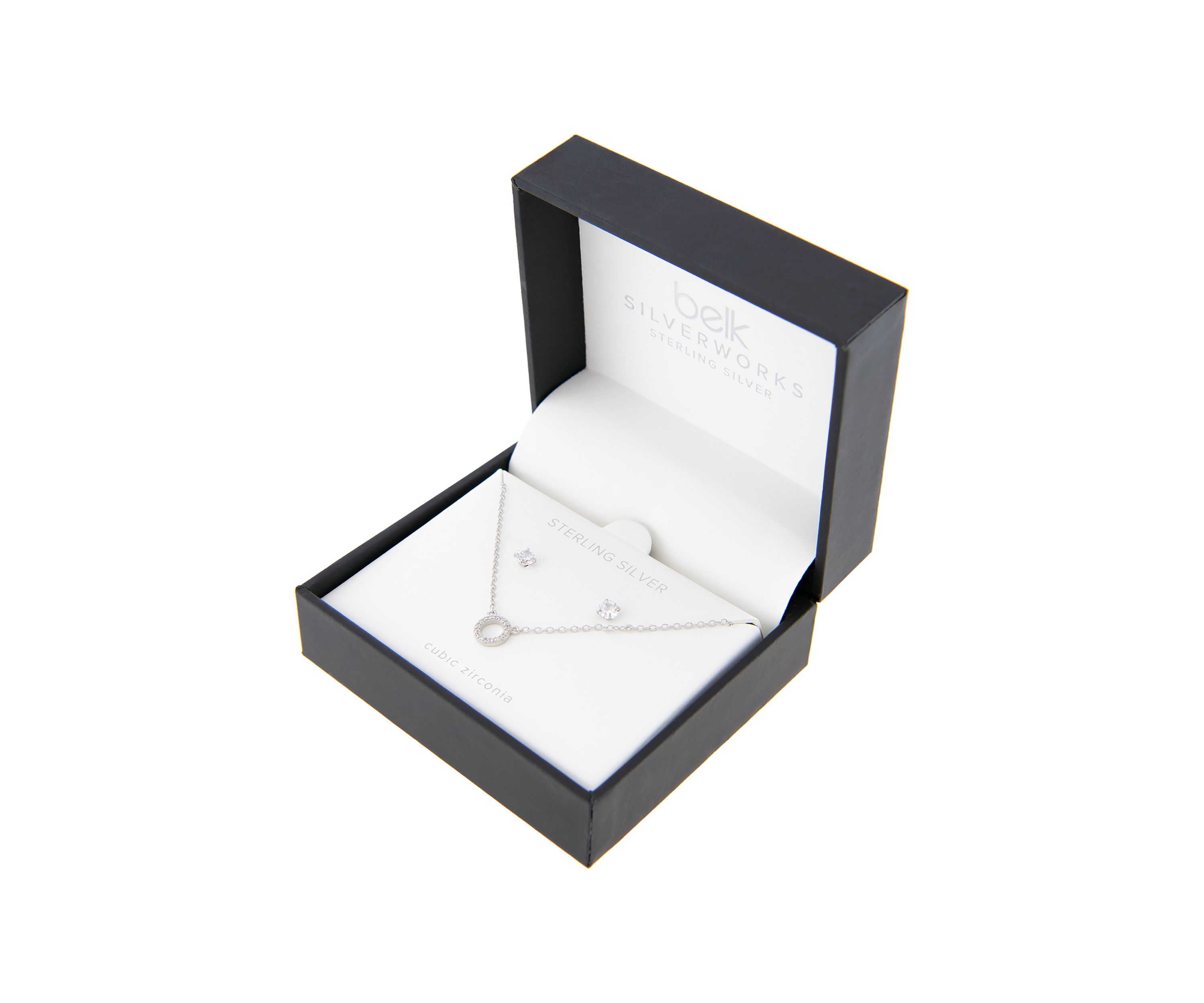 Boxed Sterling Silver 16 + 2 Inch CZ Open Circle Necklace and 4 Millimeter Stud Earring Set