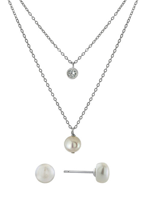 Boxed Sterling Silver Fresh Water Pearl and Cubic Zirconia Double Chain Necklace and Pearl Earrings Set