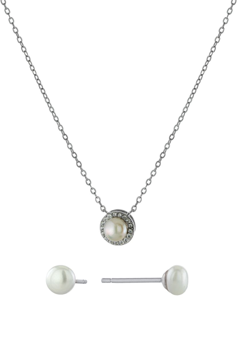 Boxed Sterling Silver 16"+2" Freshwater Pearl and Cubic Zirconia Necklace and 4MM Freshwater Pearl Stud Earring Set