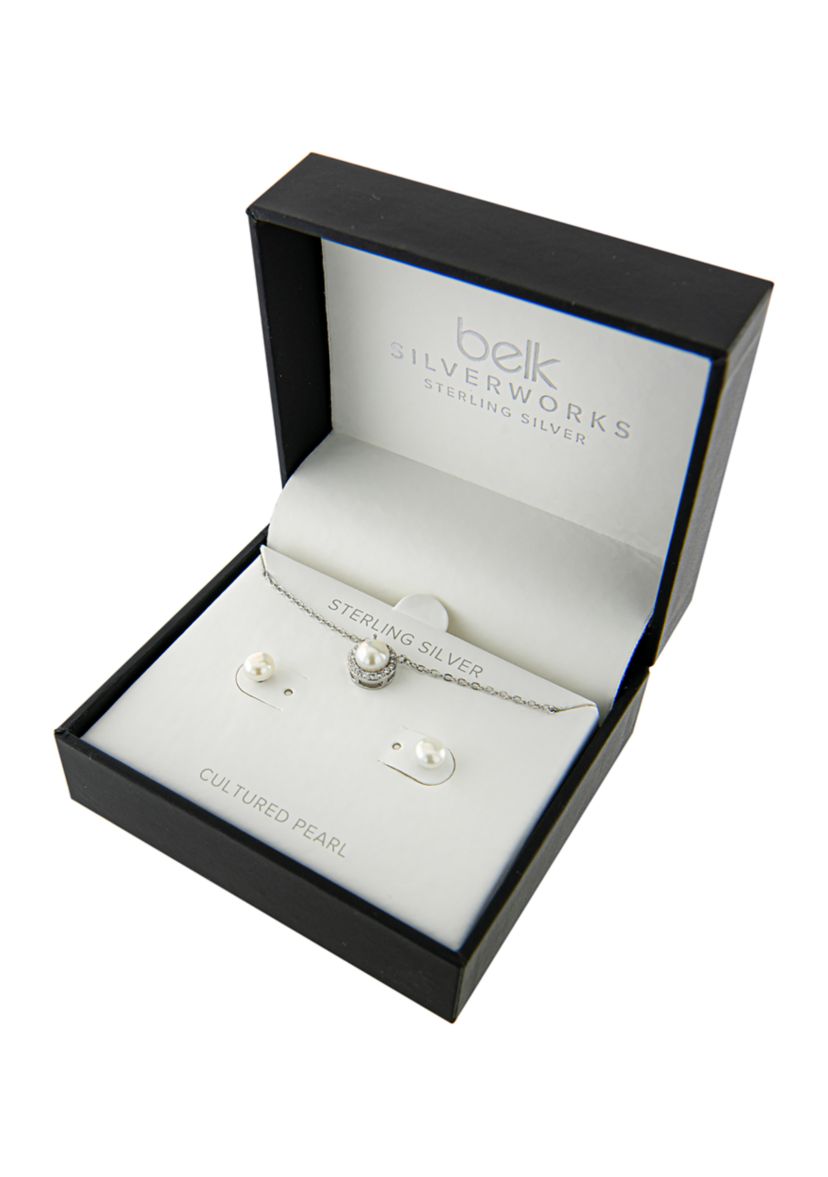 Boxed Sterling Silver 16"+2" Freshwater Pearl and Cubic Zirconia Necklace and 4MM Freshwater Pearl Stud Earring Set