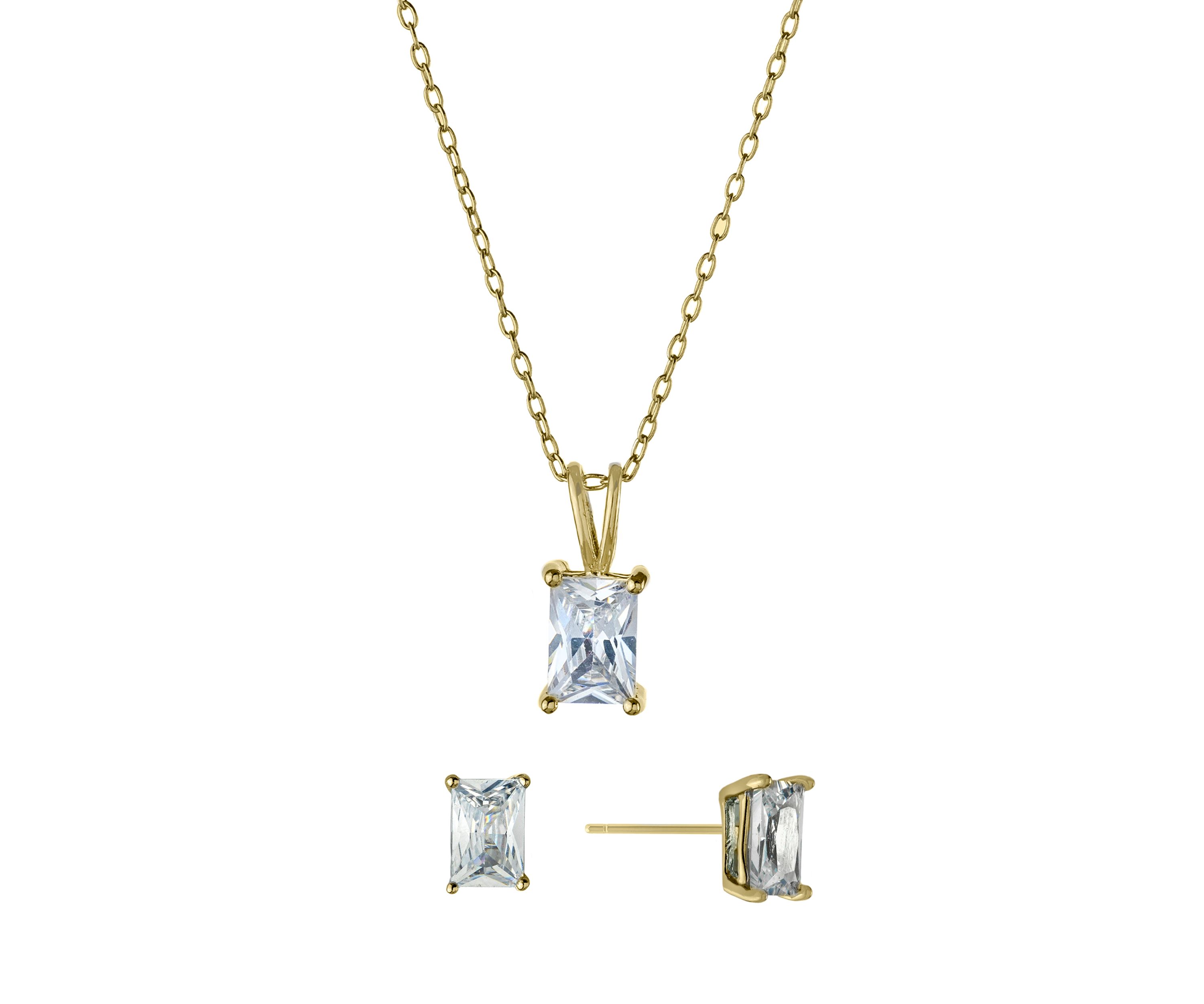 Boxed Gold Over Sterling Silver 18 Inch Emerald Cut Cubic Zirconia Necklace and Stud Earring Set
