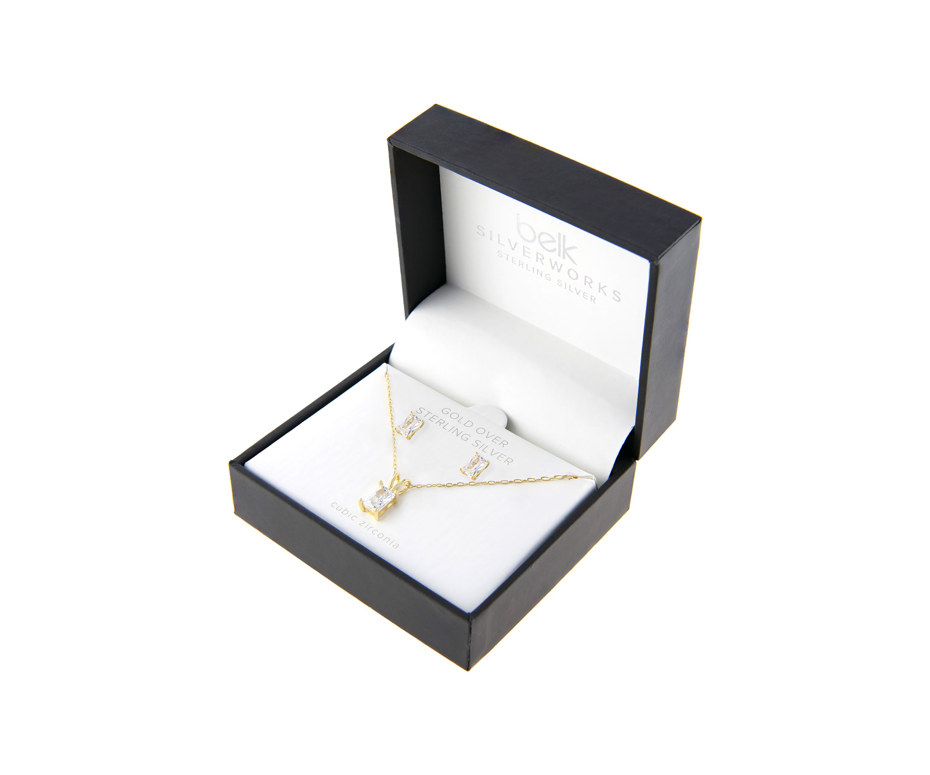 Boxed Gold Over Sterling Silver 18 Inch Emerald Cut Cubic Zirconia Necklace and Stud Earring Set