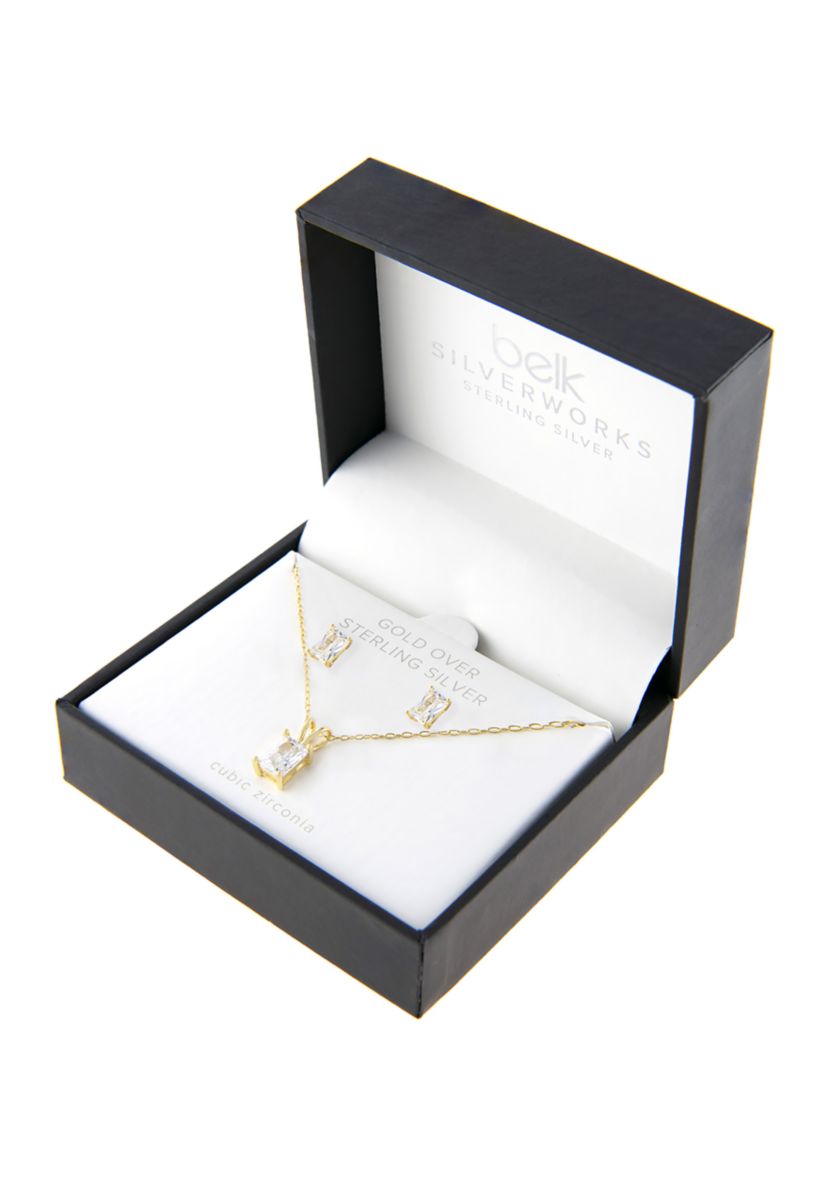 Boxed Gold Over Sterling Silver 18 Inch Emerald Cut Cubic Zirconia Necklace and Stud Earring Set