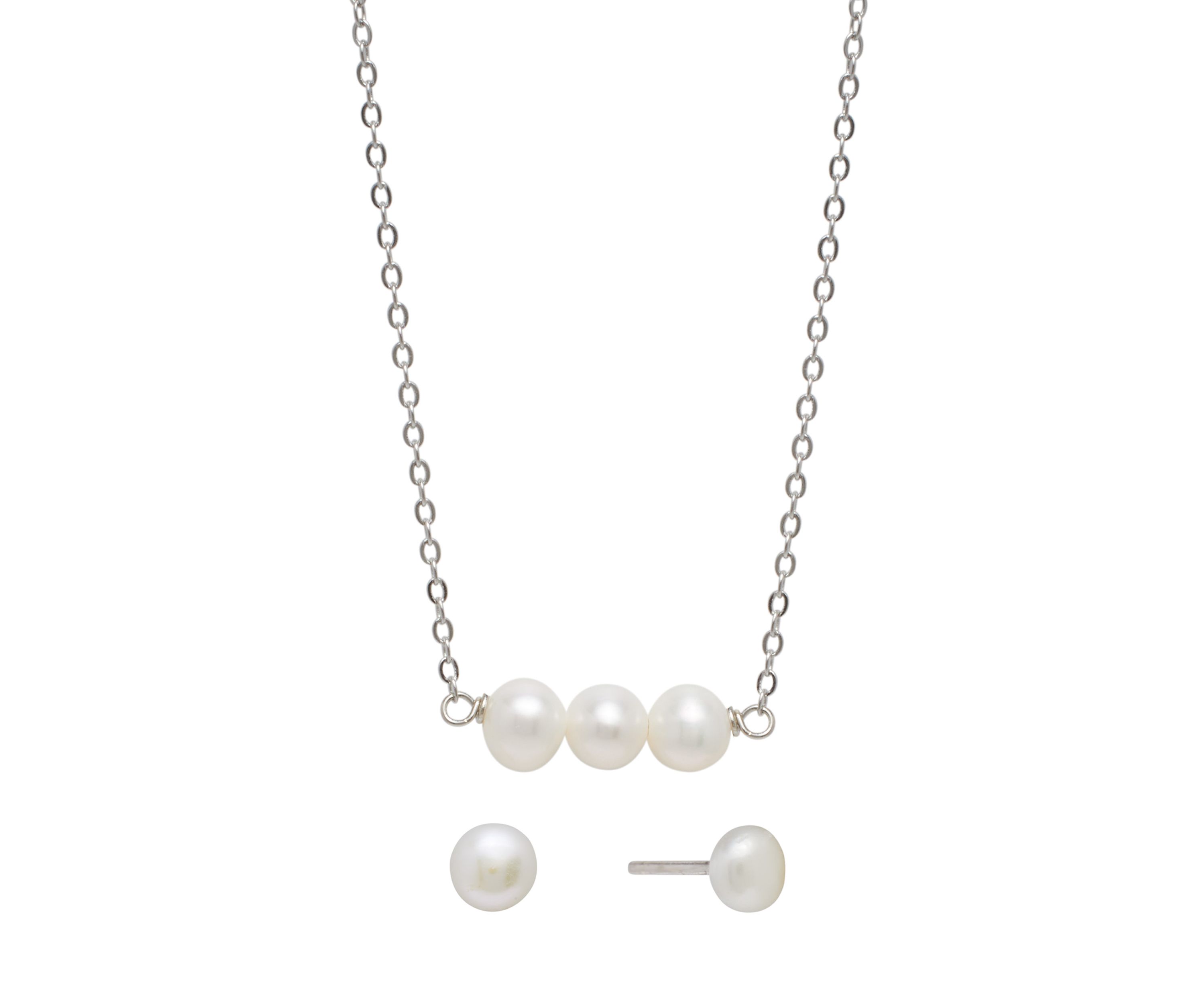 Sterling Silver 16 + 2" Freshwater Pearl Horizontal Necklace and Stud Earrings Set - Boxed