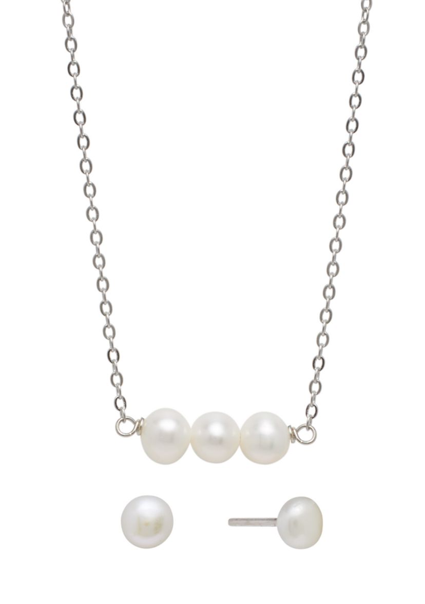 Sterling Silver 16 + 2" Freshwater Pearl Horizontal Necklace and Stud Earrings Set - Boxed