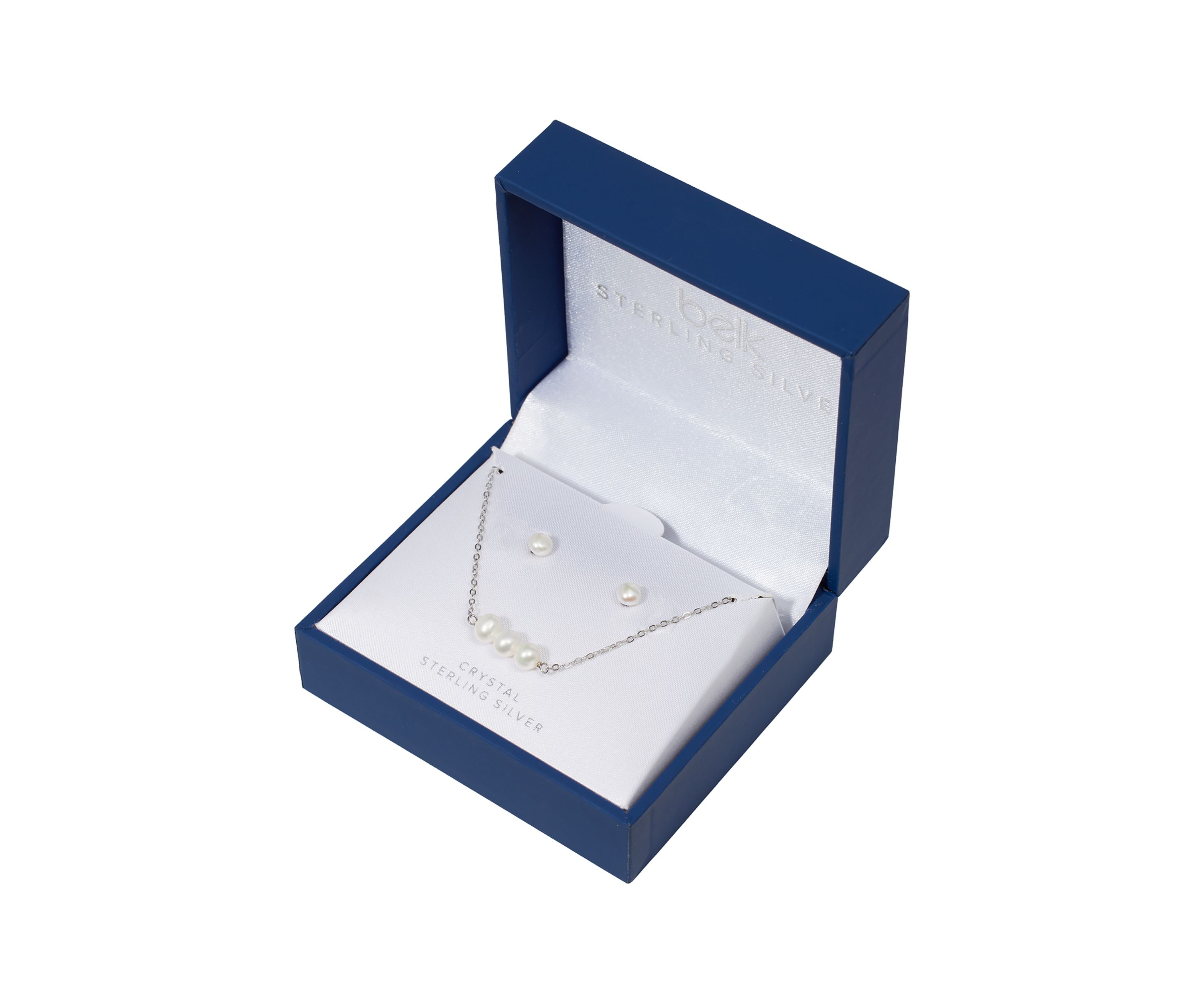 Sterling Silver 16 + 2" Freshwater Pearl Horizontal Necklace and Stud Earrings Set - Boxed