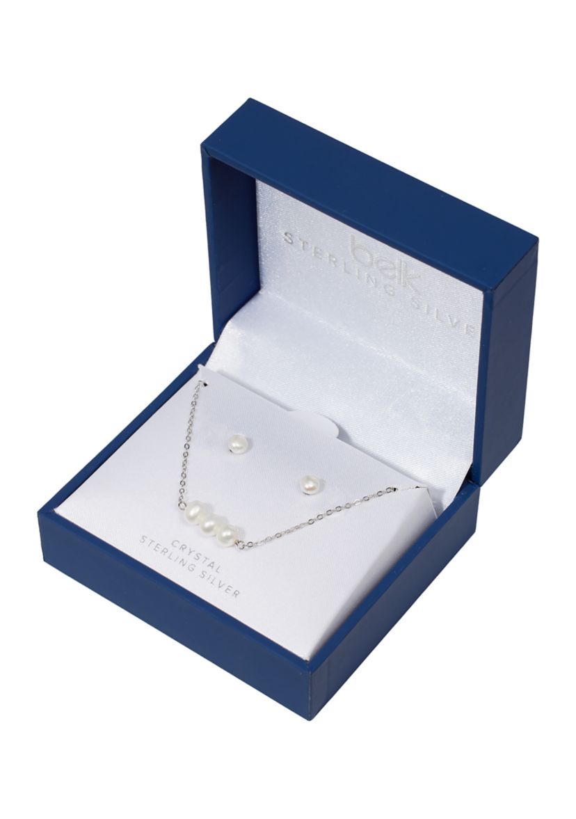 Sterling Silver 16 + 2" Freshwater Pearl Horizontal Necklace and Stud Earrings Set - Boxed