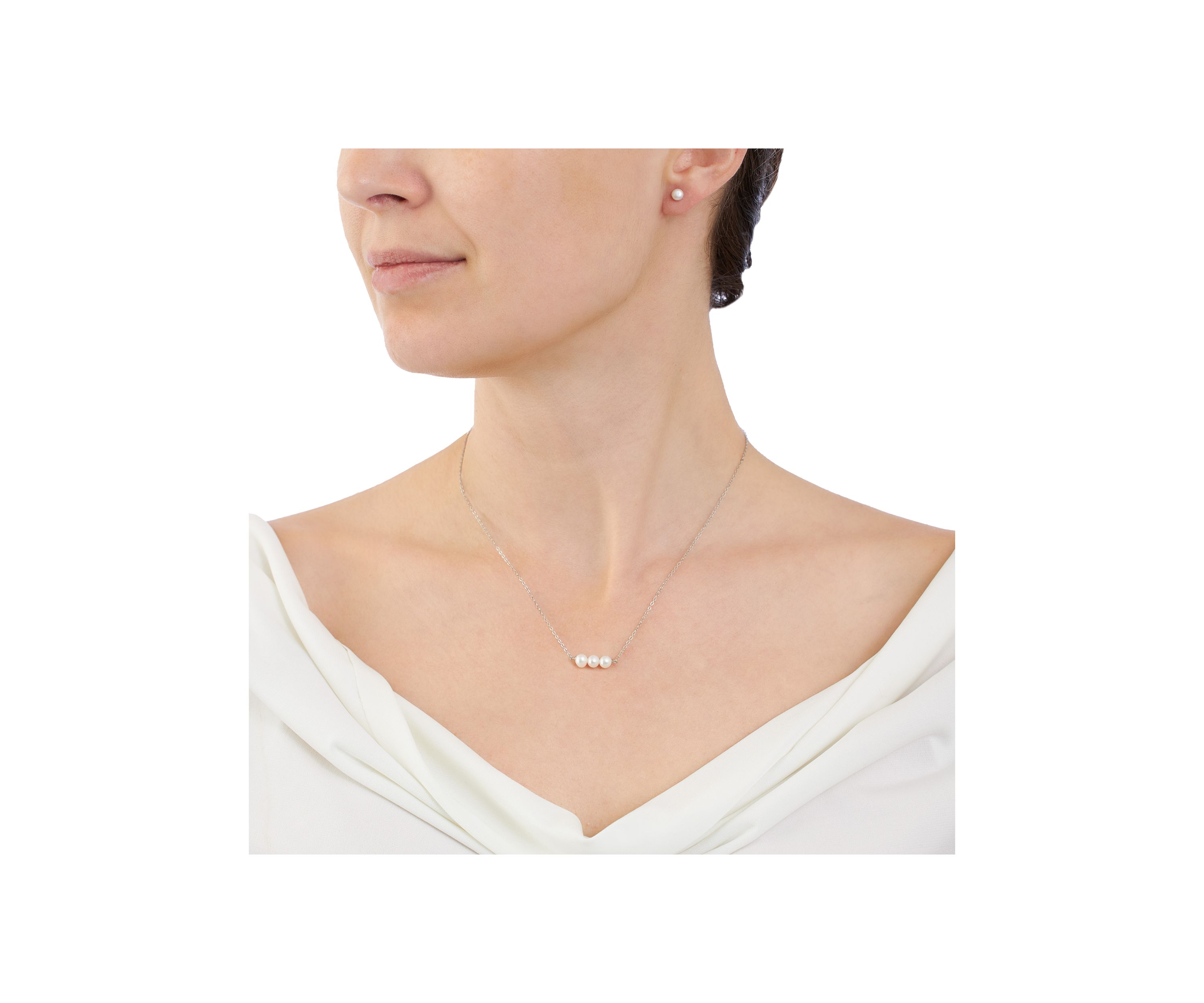 Sterling Silver 16 + 2" Freshwater Pearl Horizontal Necklace and Stud Earrings Set - Boxed