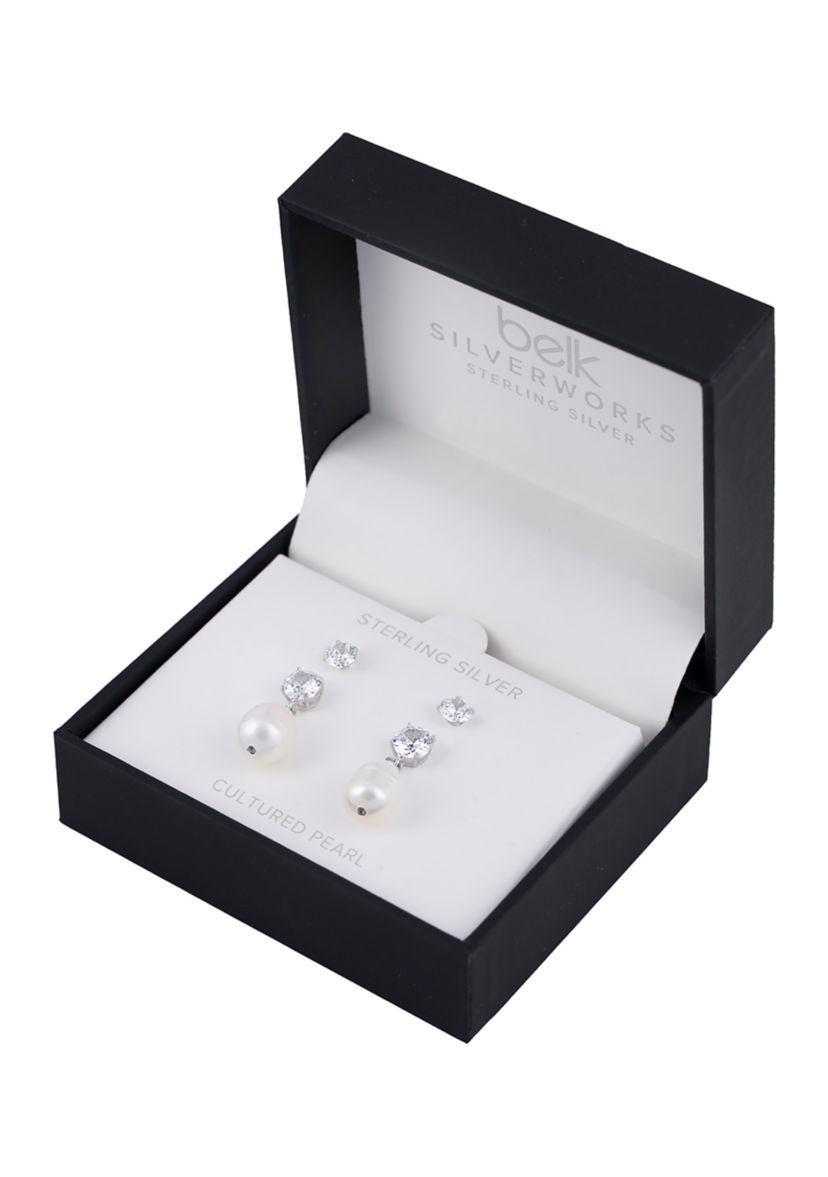Boxed Sterling Silver Pearl Stud Earrings and Stone Beaded with Pearl Bracelet Set