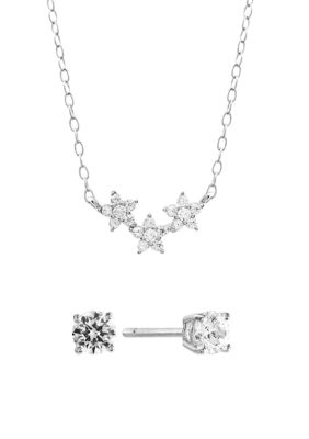 Boxed Sterling Silver Cubic Zirconia Triple Flower Necklace and Stud Earring Set