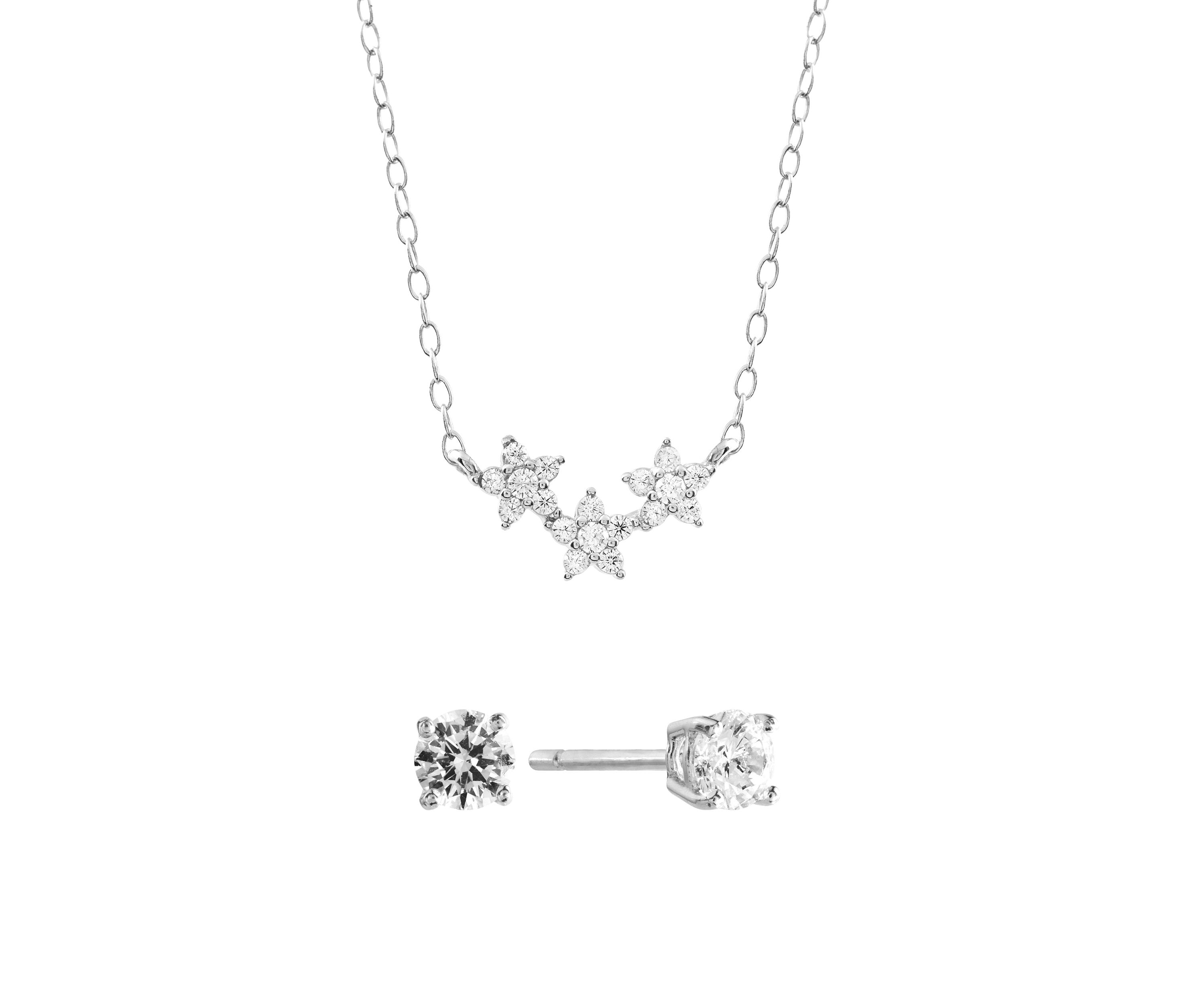 Boxed Sterling Silver Cubic Zirconia Triple Flower Necklace and Stud Earring Set