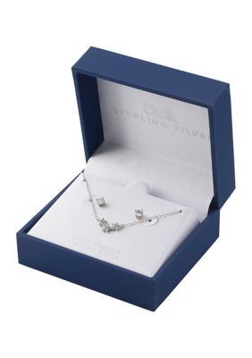 Boxed Sterling Silver Cubic Zirconia Triple Flower Necklace and Stud Earring Set