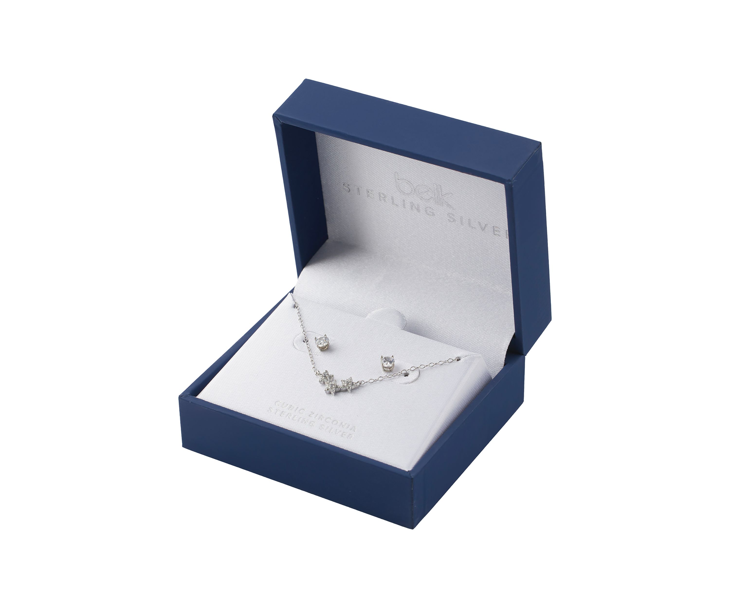 Boxed Sterling Silver Cubic Zirconia Triple Flower Necklace and Stud Earring Set