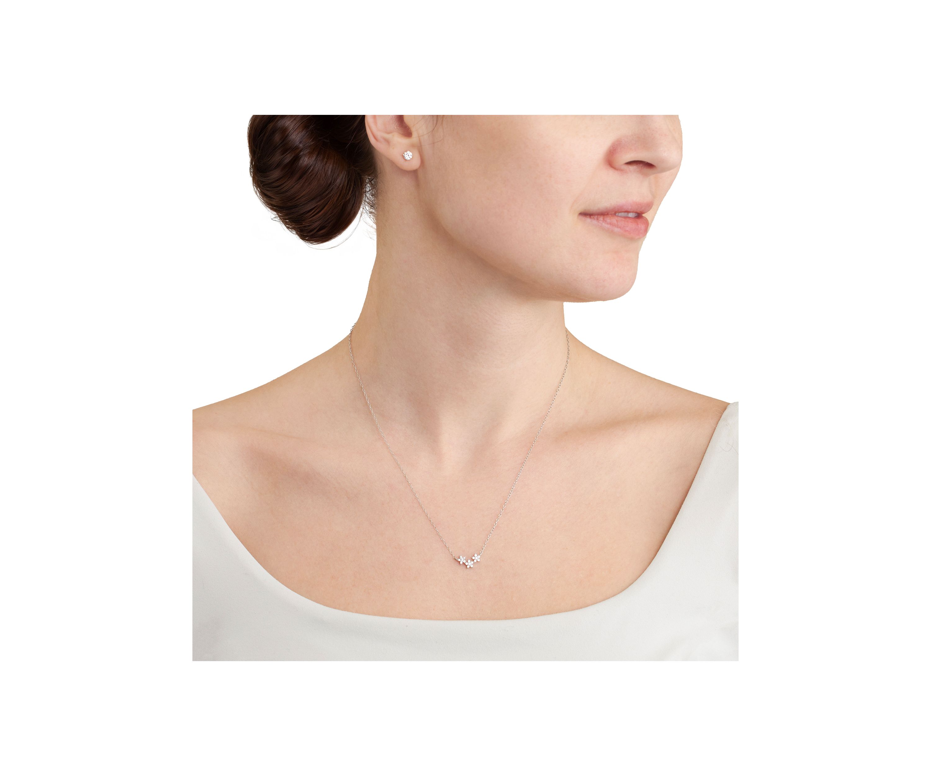 Boxed Sterling Silver Cubic Zirconia Triple Flower Necklace and Stud Earring Set
