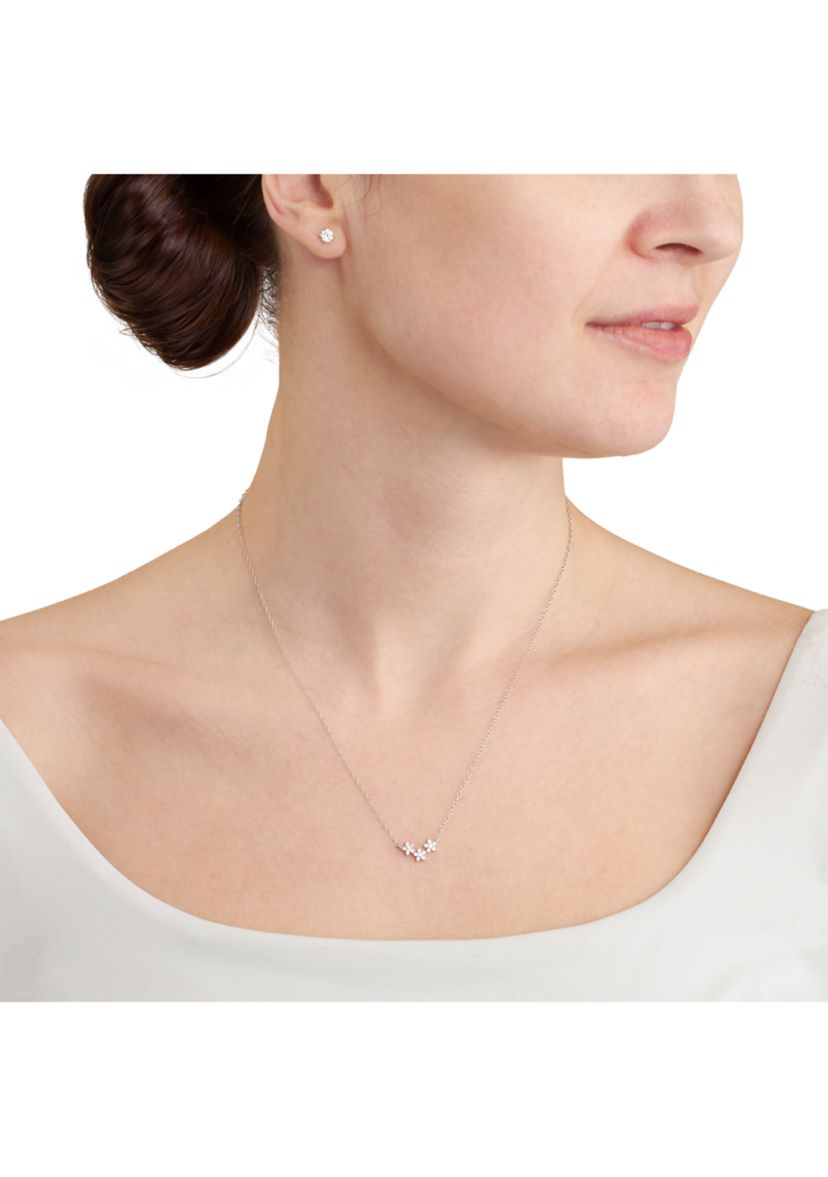 Boxed Sterling Silver Cubic Zirconia Triple Flower Necklace and Stud Earring Set