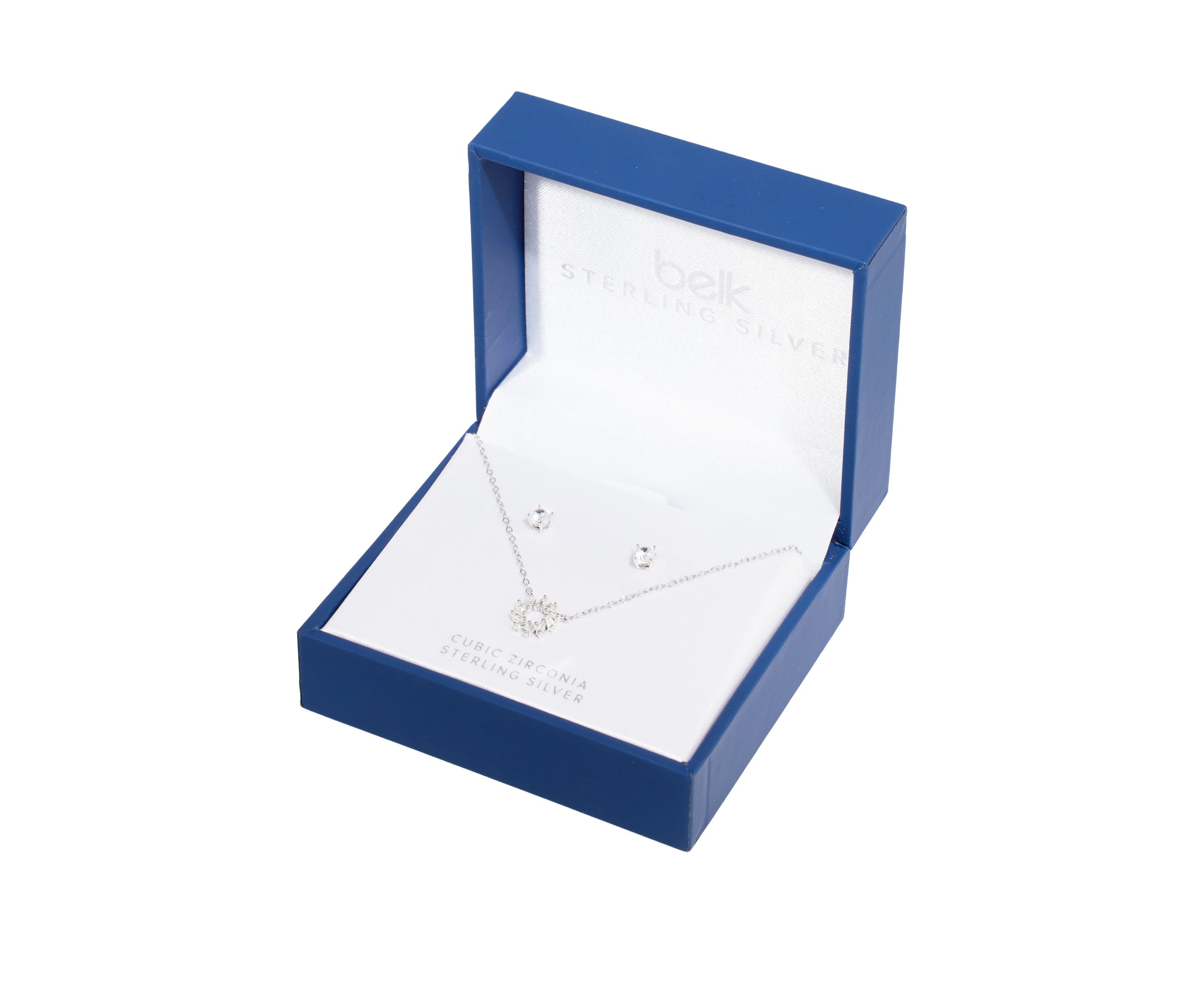 Boxed Sterling Silver Cubic Zirconia Open Circle Necklace and Stud Earring Set