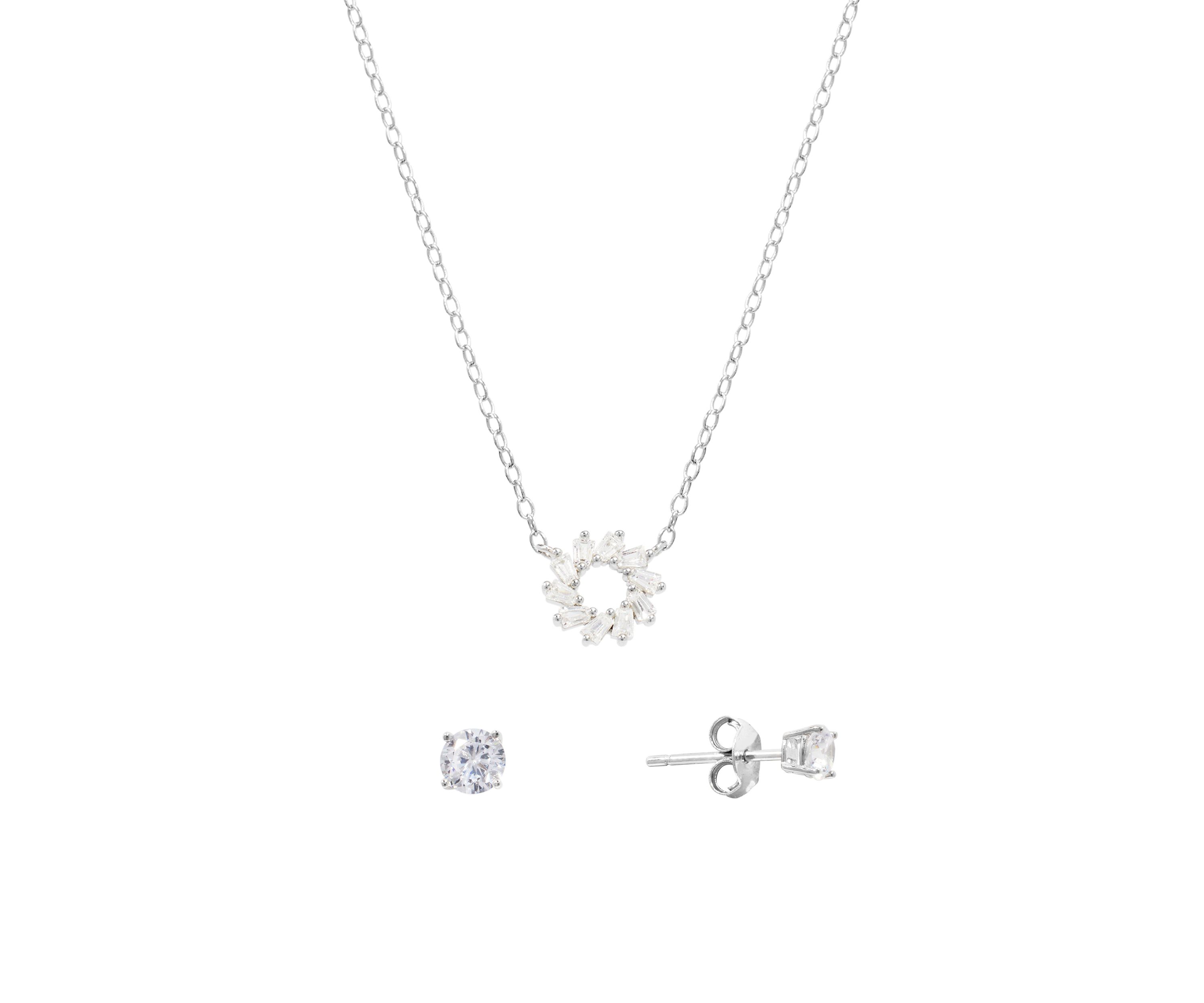 Boxed Sterling Silver Cubic Zirconia Open Circle Necklace and Stud Earring Set