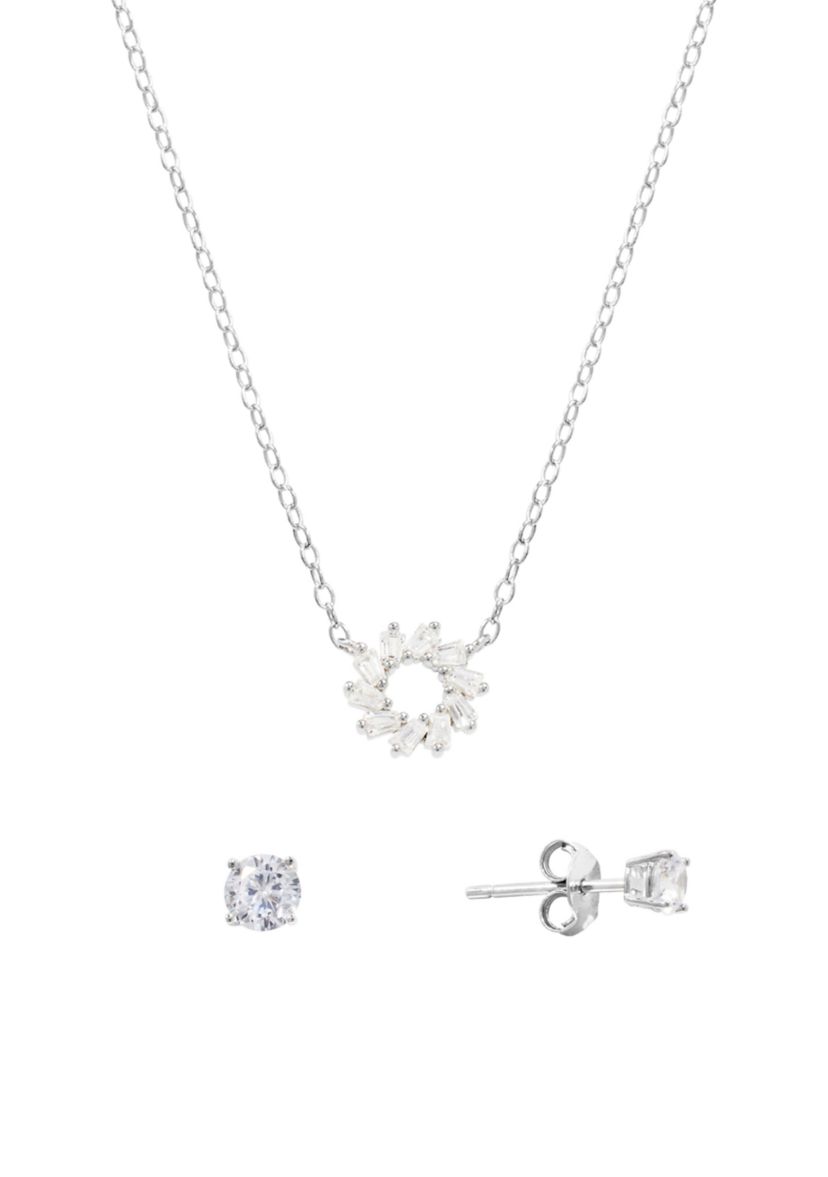 Boxed Sterling Silver Cubic Zirconia Open Circle Necklace and Stud Earring Set