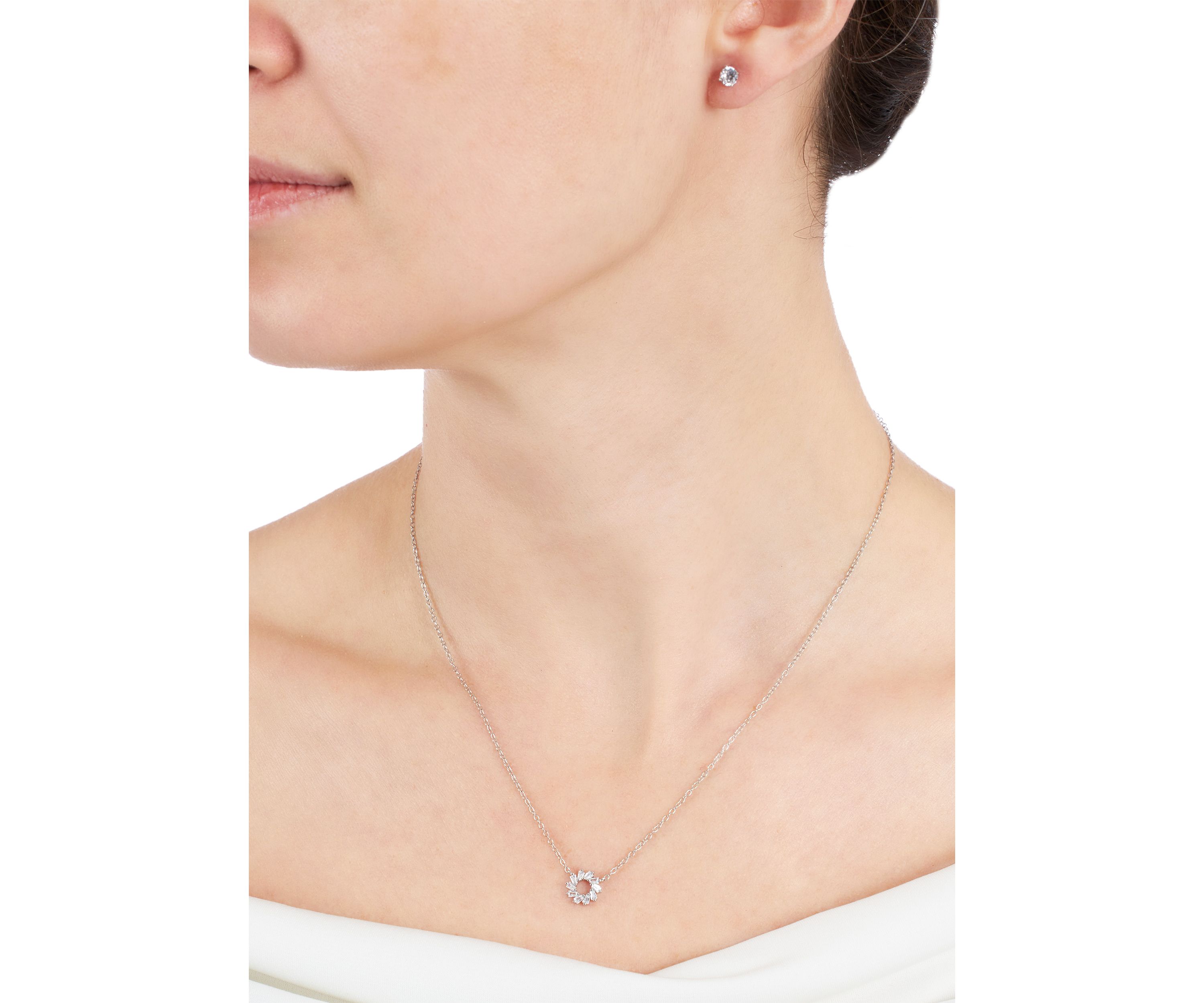 Boxed Sterling Silver Cubic Zirconia Open Circle Necklace and Stud Earring Set