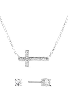 Boxed Sterling Silver 16" +1" +1" Cubic Zirconia Horizontal Cross Necklace with 4mm Stud Earrings