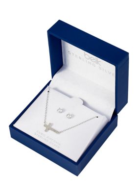 Boxed Sterling Silver 16" +1" +1" Cubic Zirconia Horizontal Cross Necklace with 4mm Stud Earrings