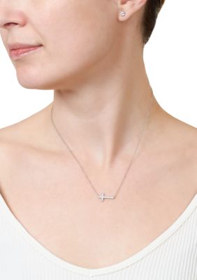 Boxed Sterling Silver 16" +1" +1" Cubic Zirconia Horizontal Cross Necklace with 4mm Stud Earrings