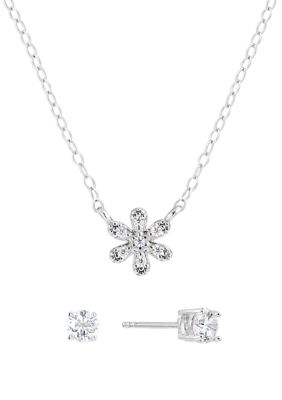 Belk Silverworks Boxed Sterling Silver 16" +1" +1" Cubic Zirconia Flower Necklace with 4mm Stud Earrings