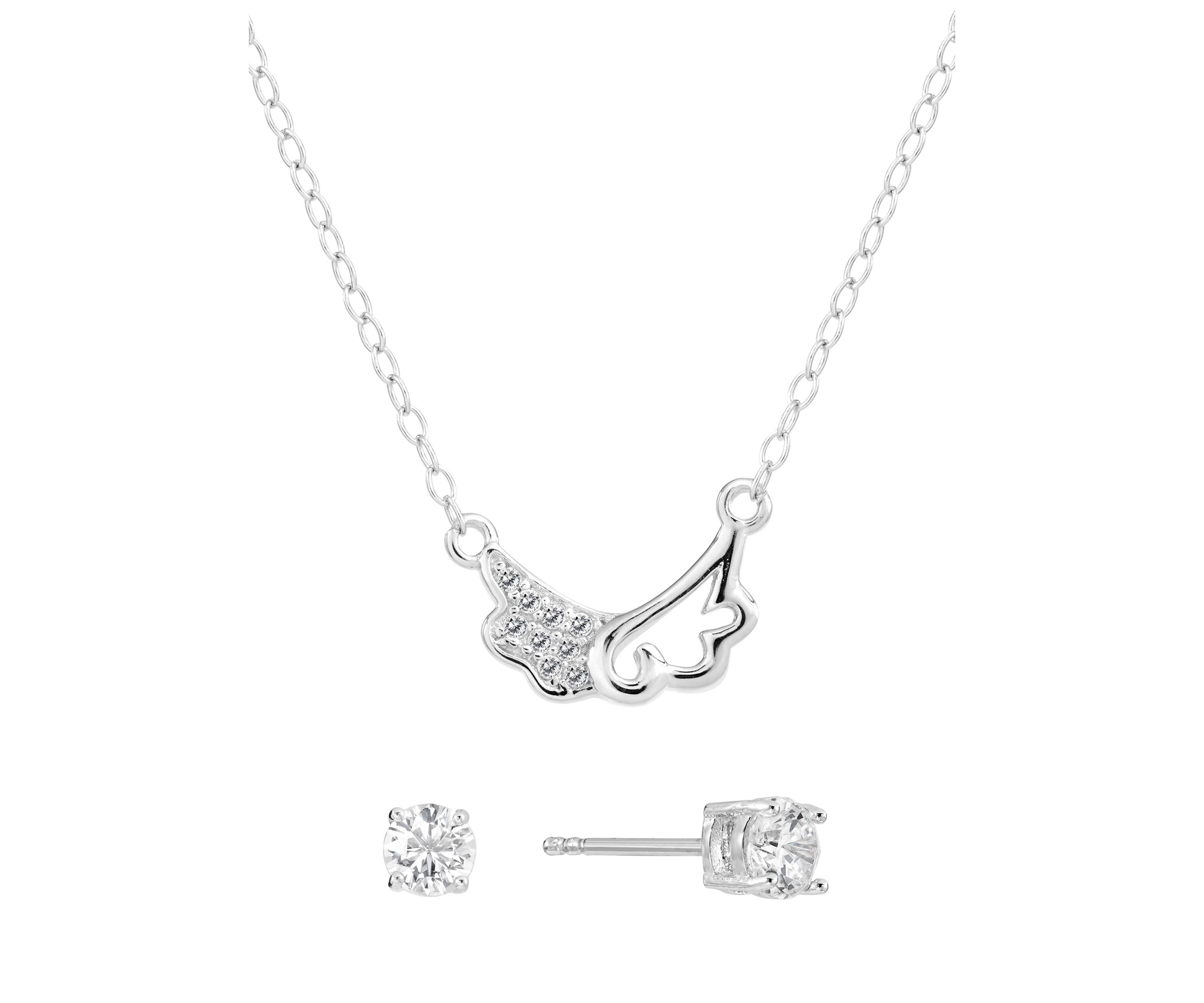 Boxed Sterling Silver 16" +1" +1" Cubic Zirconia Double Cloud Necklace with 4mm Stud Earrings