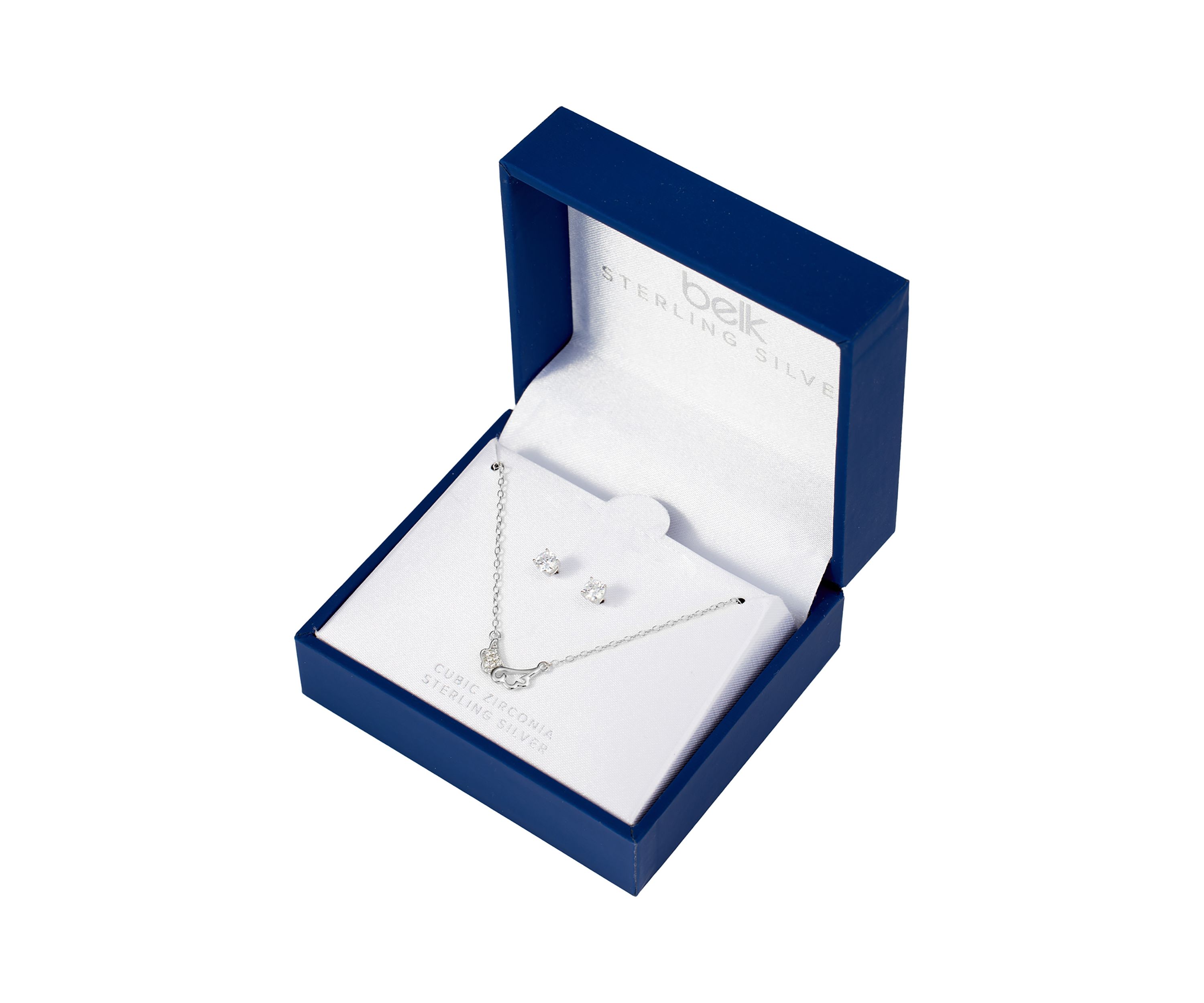 Boxed Sterling Silver 16" +1" +1" Cubic Zirconia Double Cloud Necklace with 4mm Stud Earrings