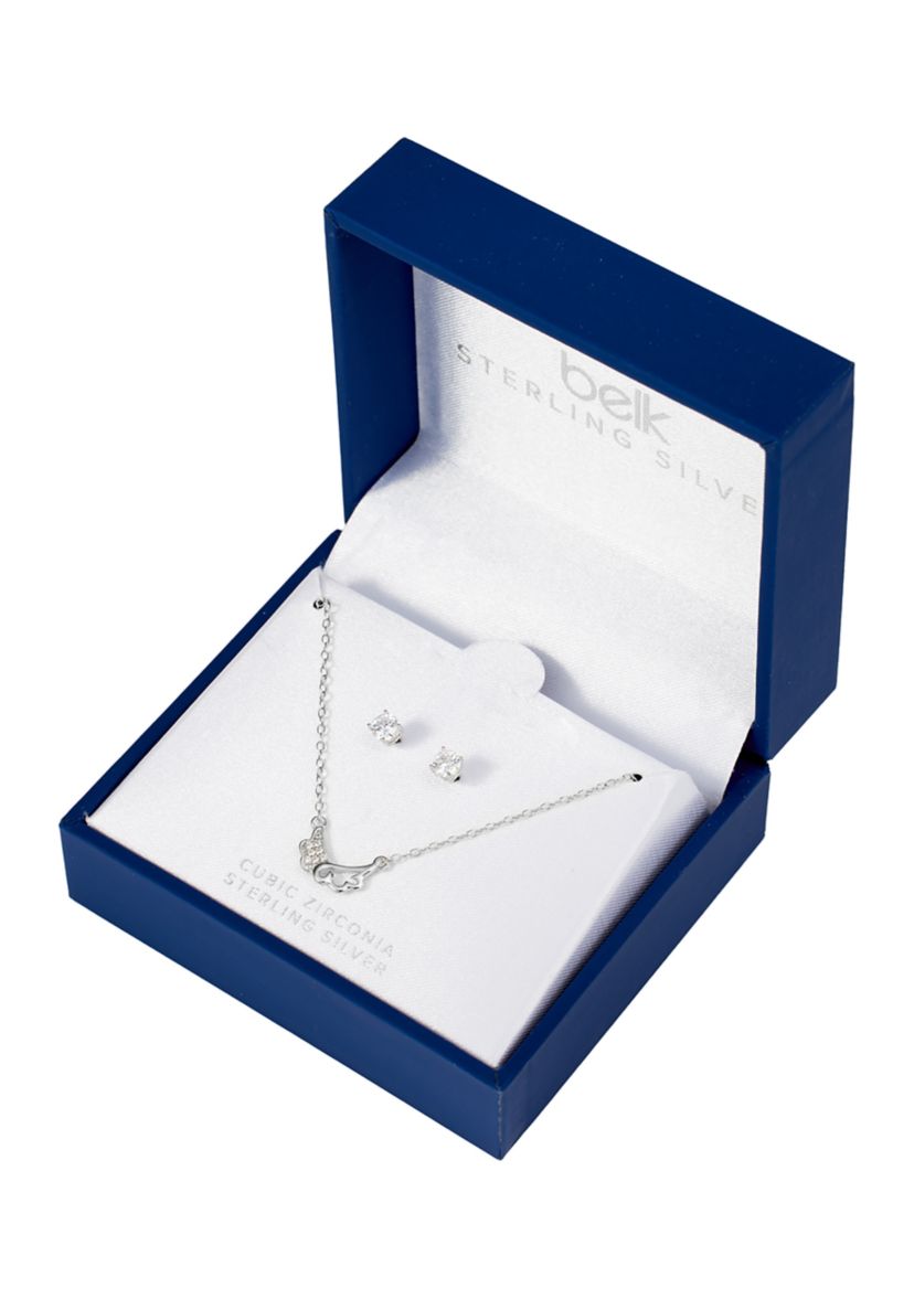 Boxed Sterling Silver 16" +1" +1" Cubic Zirconia Double Cloud Necklace with 4mm Stud Earrings