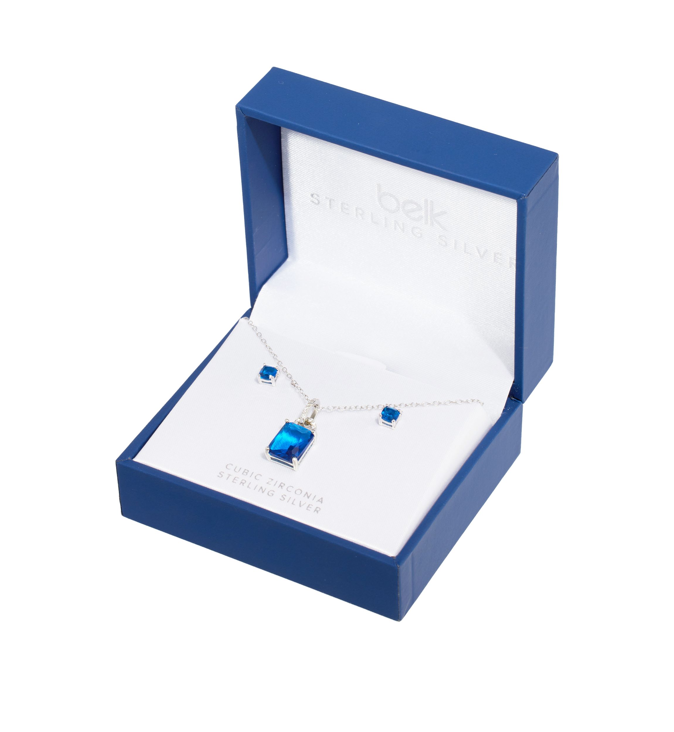  Sterling Silver Crystal Rectangle and Cubic Zirconia Pendant Necklace with Square Stud Earrings Set
